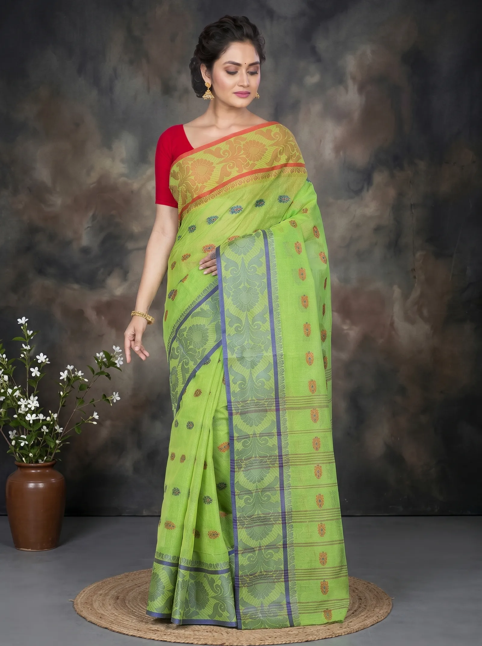DipDiya Pure Cotton  Artisan Crafted Green Traditional Bengali Akriti Tant Saree