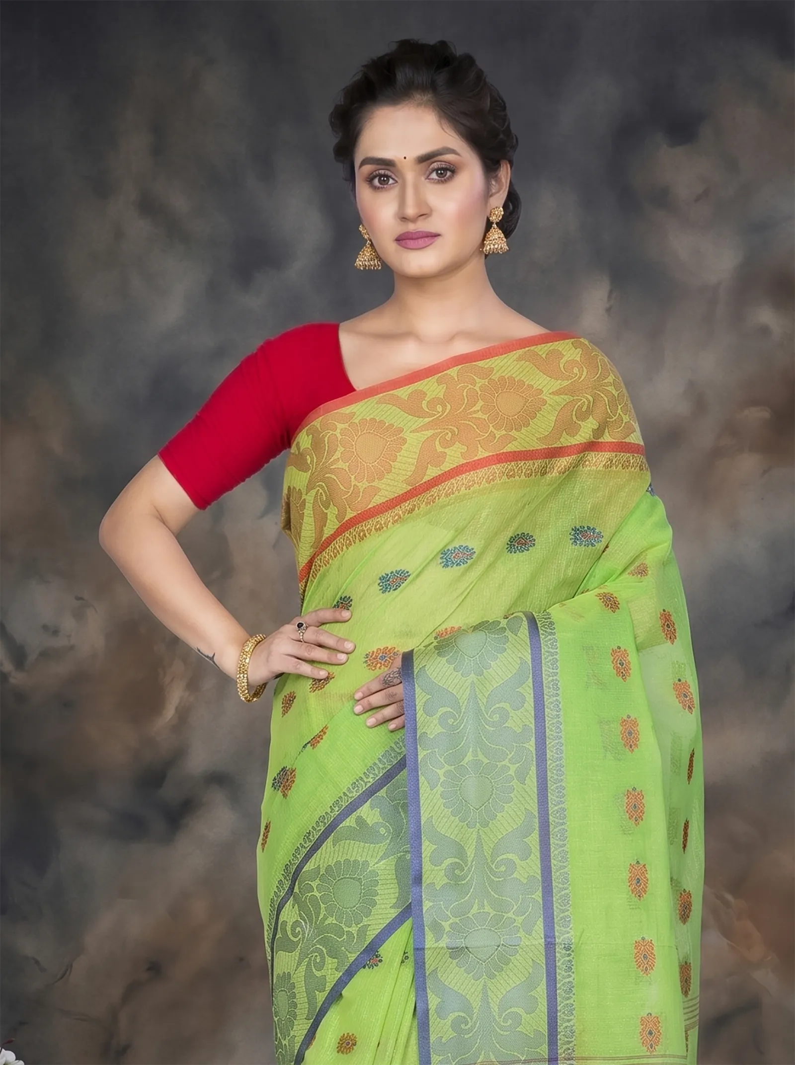 DipDiya Pure Cotton  Artisan Crafted Green Traditional Bengali Akriti Tant Saree