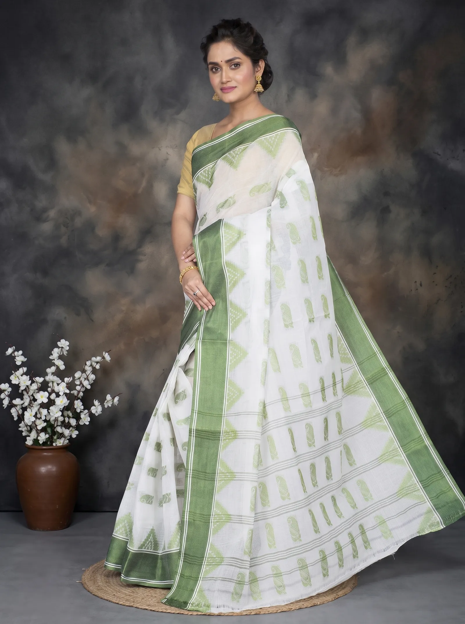 DipDiya Pure Cotton  Artisan Crafted Green Traditional Bengali Archana Tant Saree