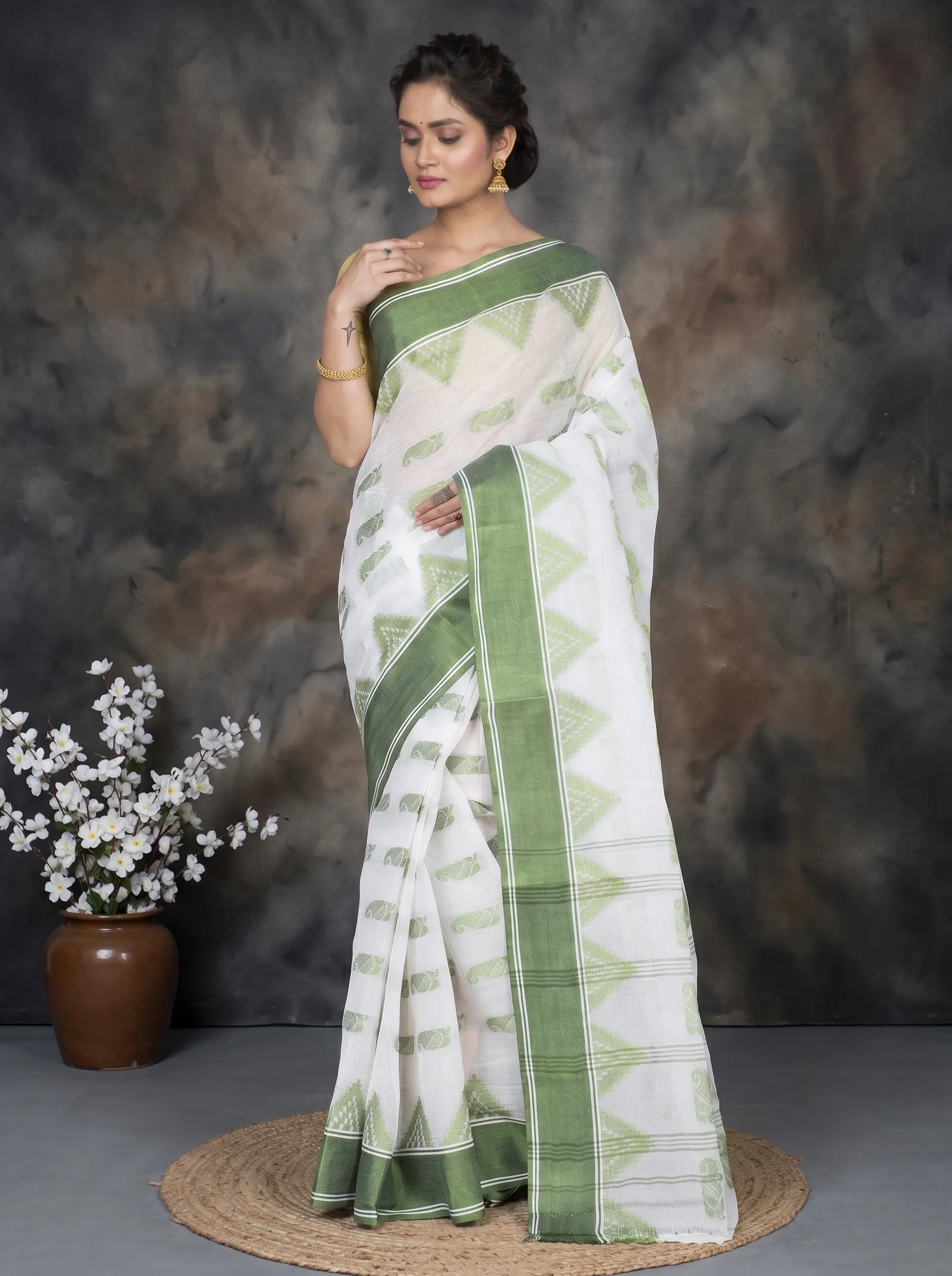 DipDiya Pure Cotton  Artisan Crafted Green Traditional Bengali Archana Tant Saree
