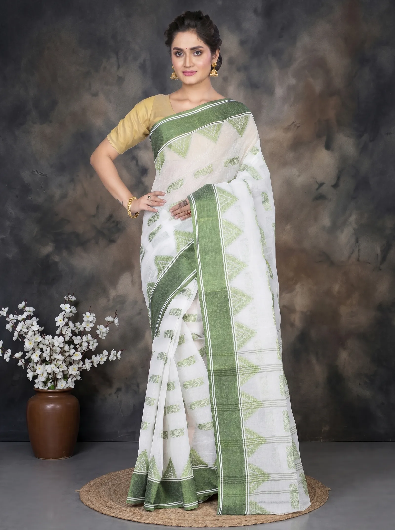DipDiya Pure Cotton  Artisan Crafted Green Traditional Bengali Archana Tant Saree