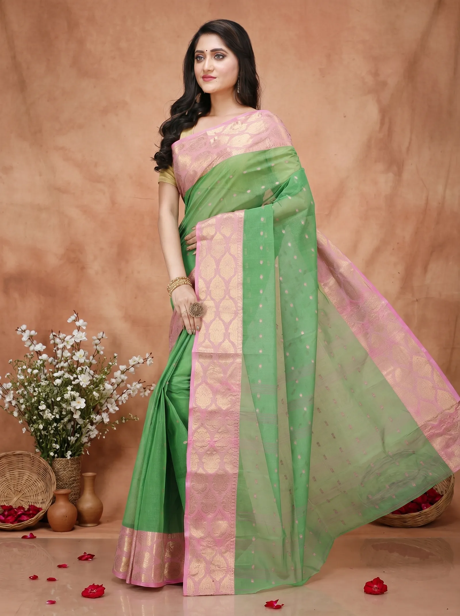 DipDiya Pure Cotton  Artisan Crafted Green Traditional Bengali Asmani Tant Saree