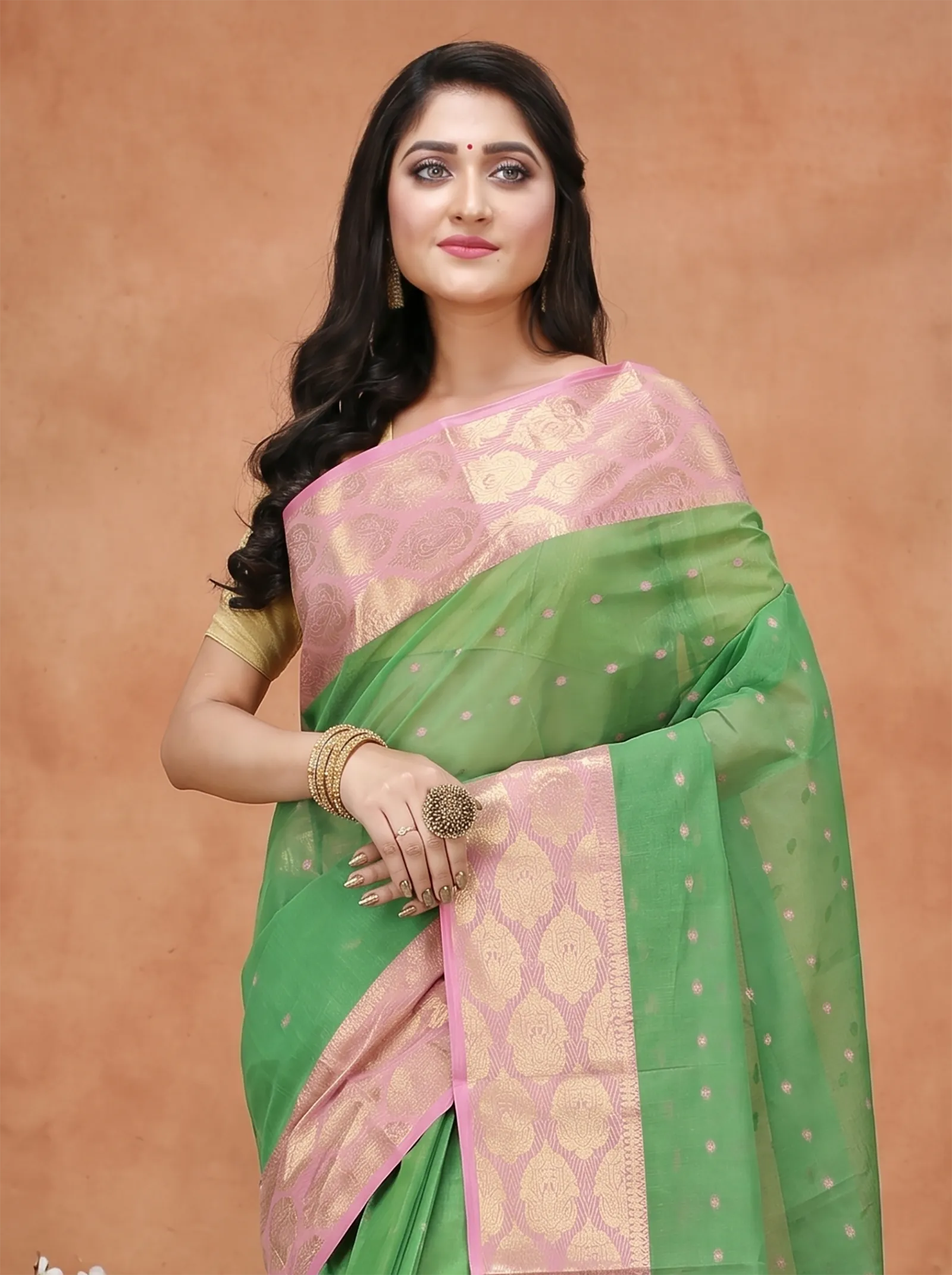 DipDiya Pure Cotton  Artisan Crafted Green Traditional Bengali Asmani Tant Saree