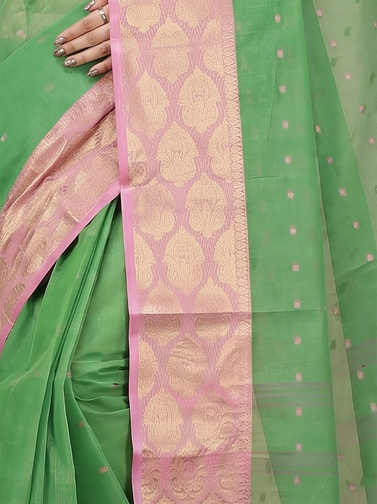 DipDiya Pure Cotton  Artisan Crafted Green Traditional Bengali Asmani Tant Saree