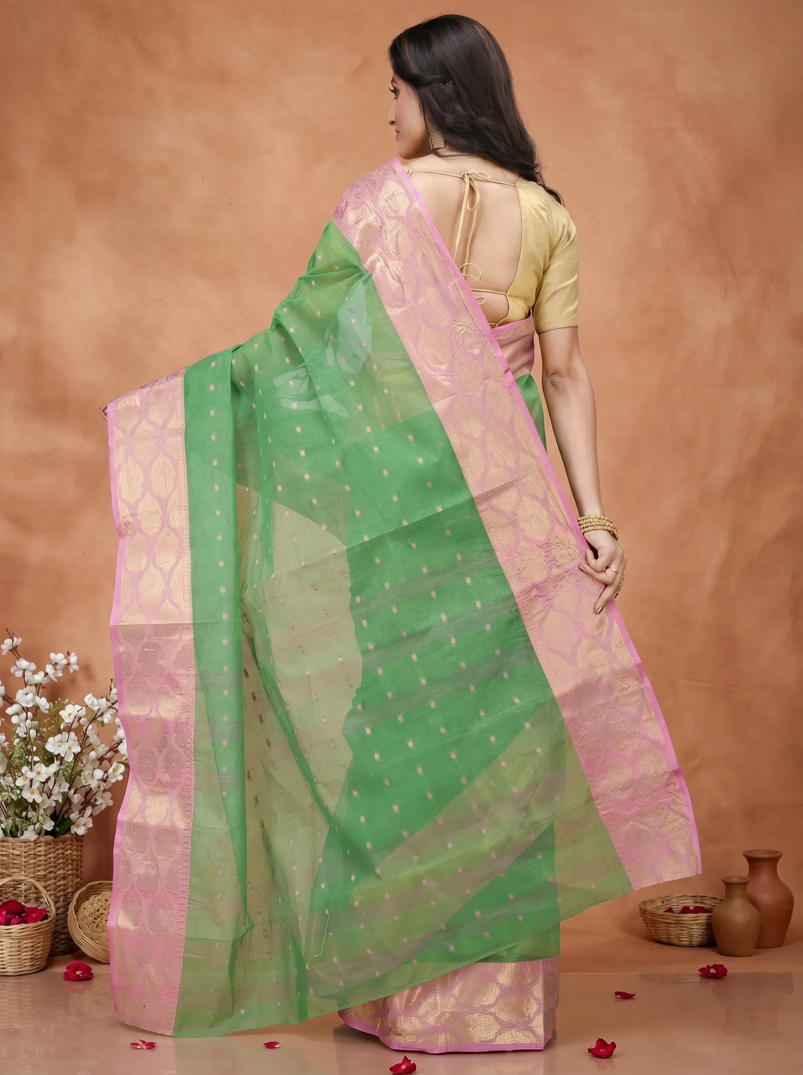 DipDiya Pure Cotton  Artisan Crafted Green Traditional Bengali Asmani Tant Saree