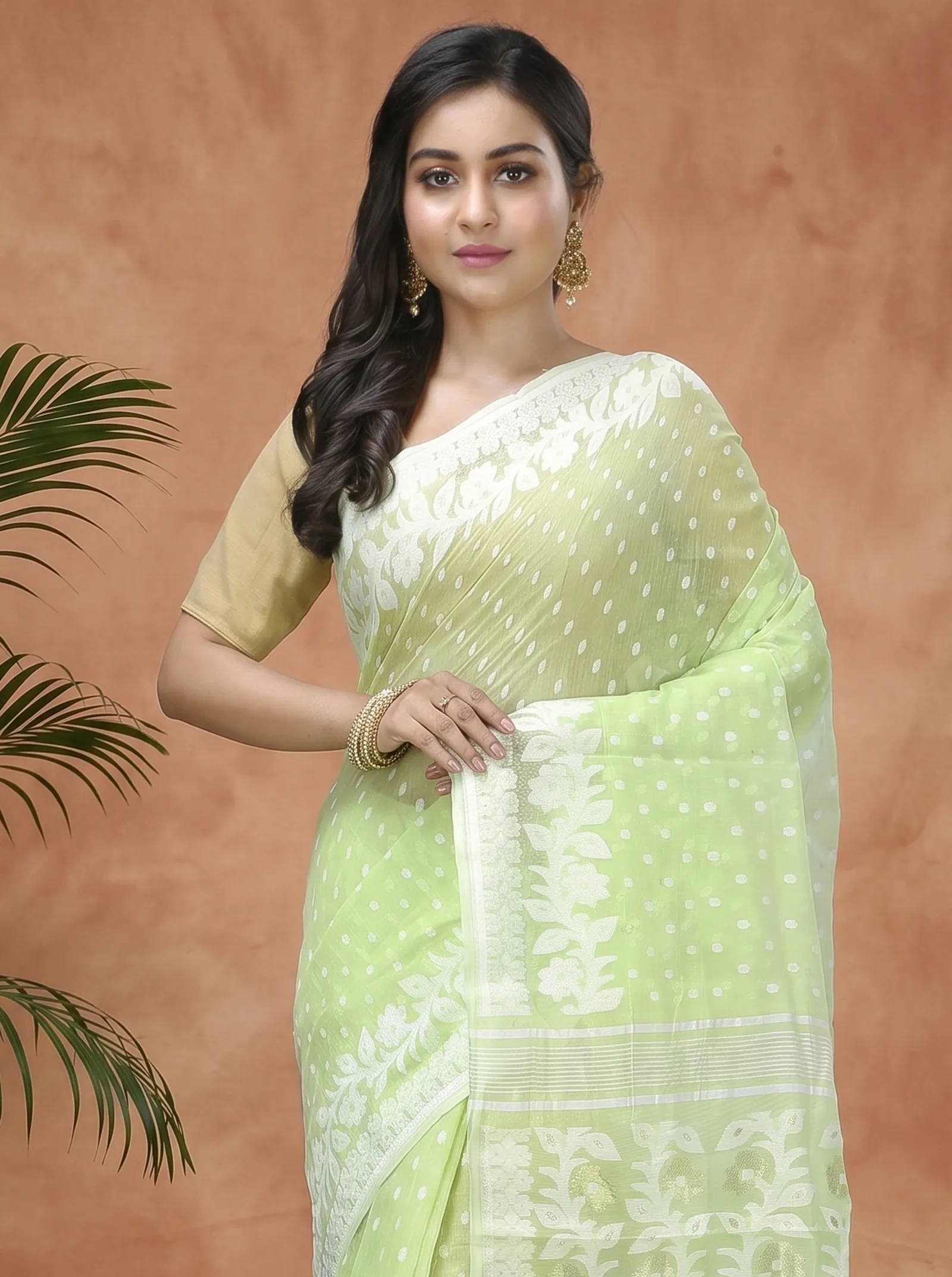 DipDiya Pure Cotton  Artisan Crafted Green Traditional Bengali Boll Jamdani Jamdani Saree