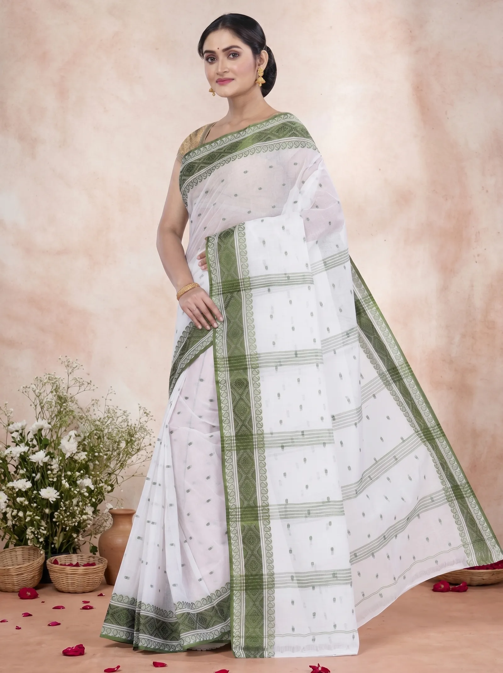 DipDiya Pure Cotton  Artisan Crafted Green Traditional Bengali Boysko Tant Saree