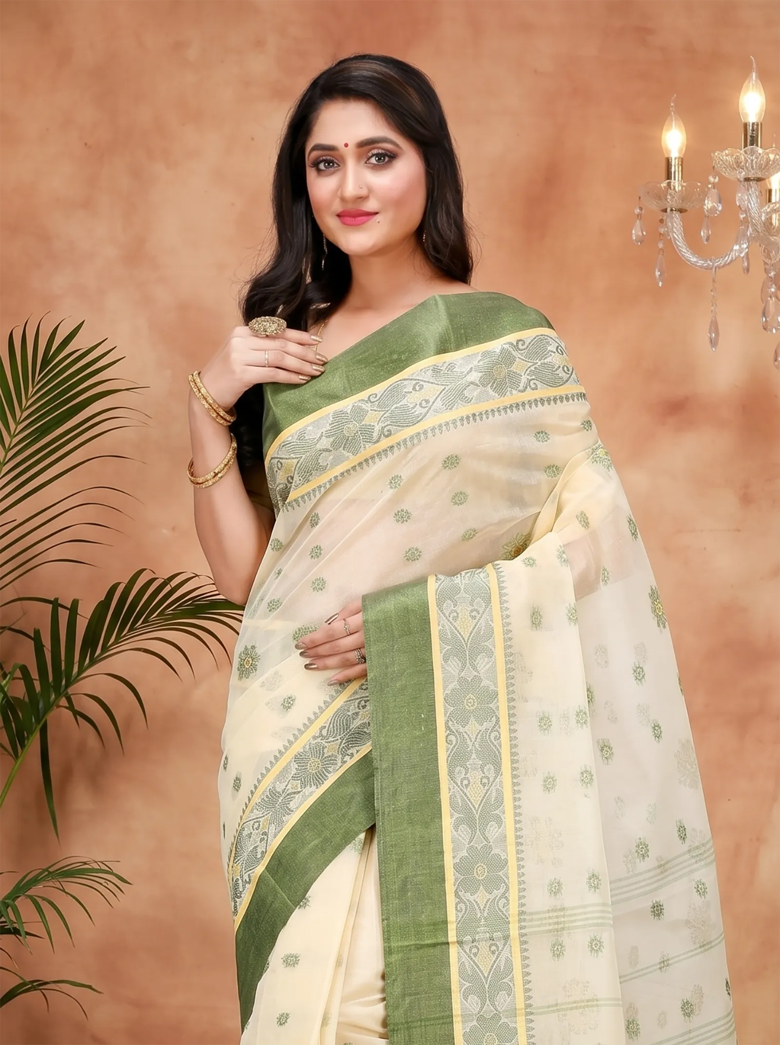 DipDiya Pure Cotton  Artisan Crafted Green White Traditional Bengali BolLata Tant Tant Saree