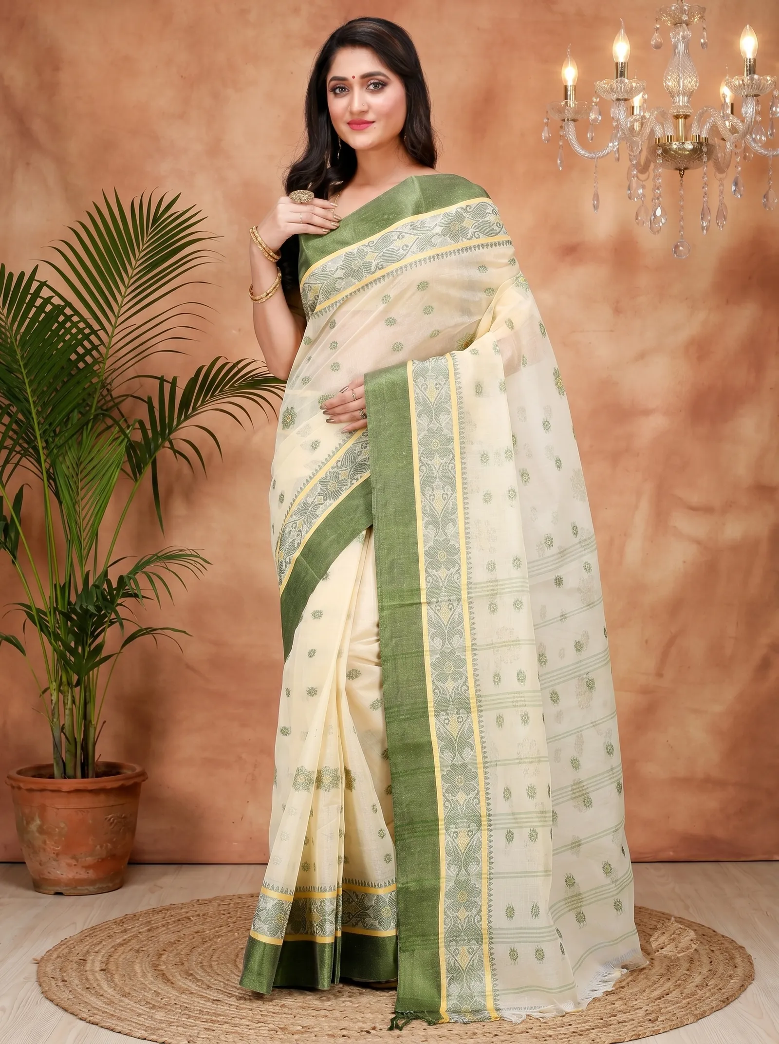 DipDiya Pure Cotton  Artisan Crafted Green White Traditional Bengali BolLata Tant Tant Saree