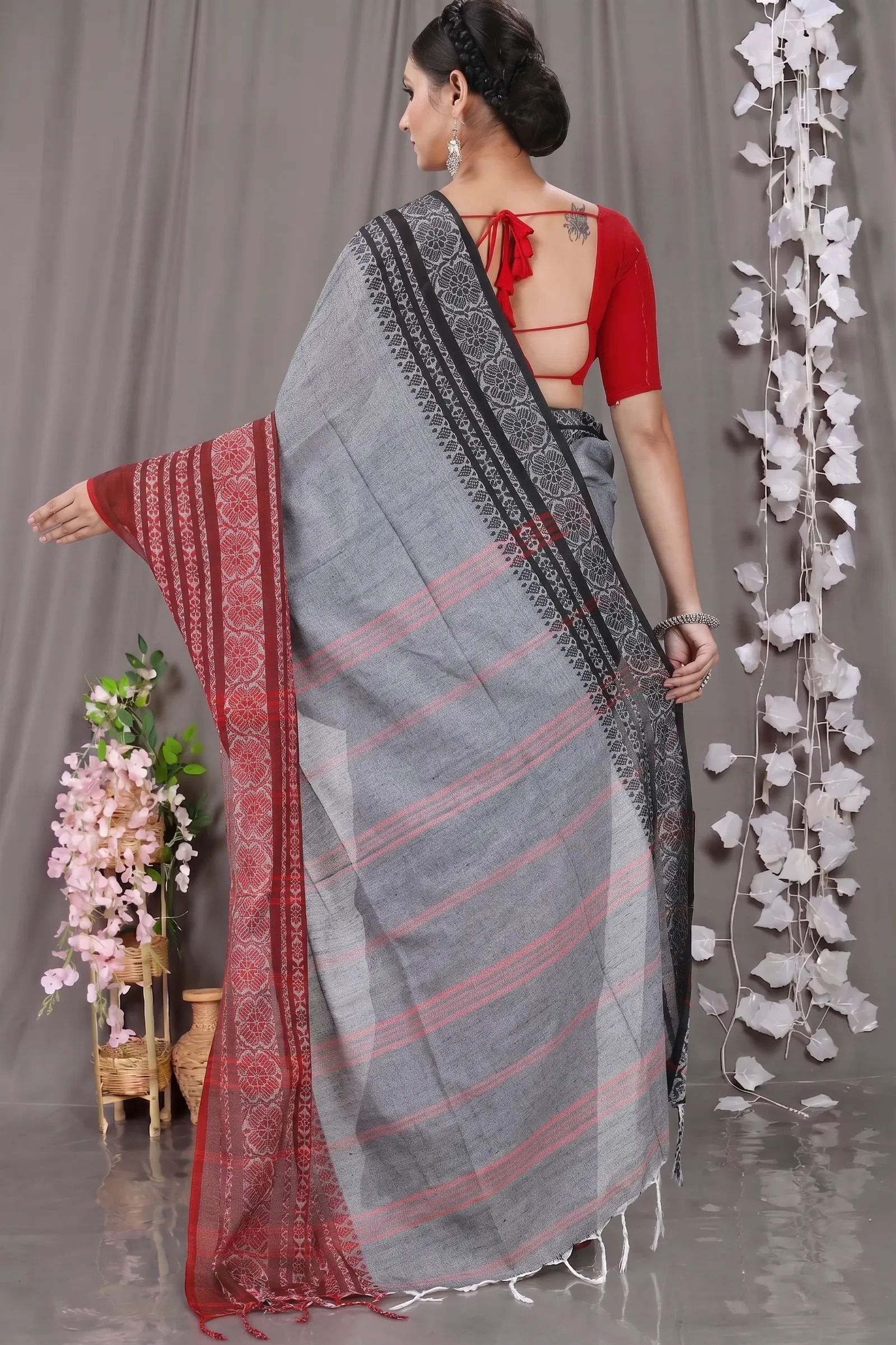 DipDiya Pure Cotton  Artisan Crafted Grey Black Traditional Bengali Begompuri Hand Handloom Saree