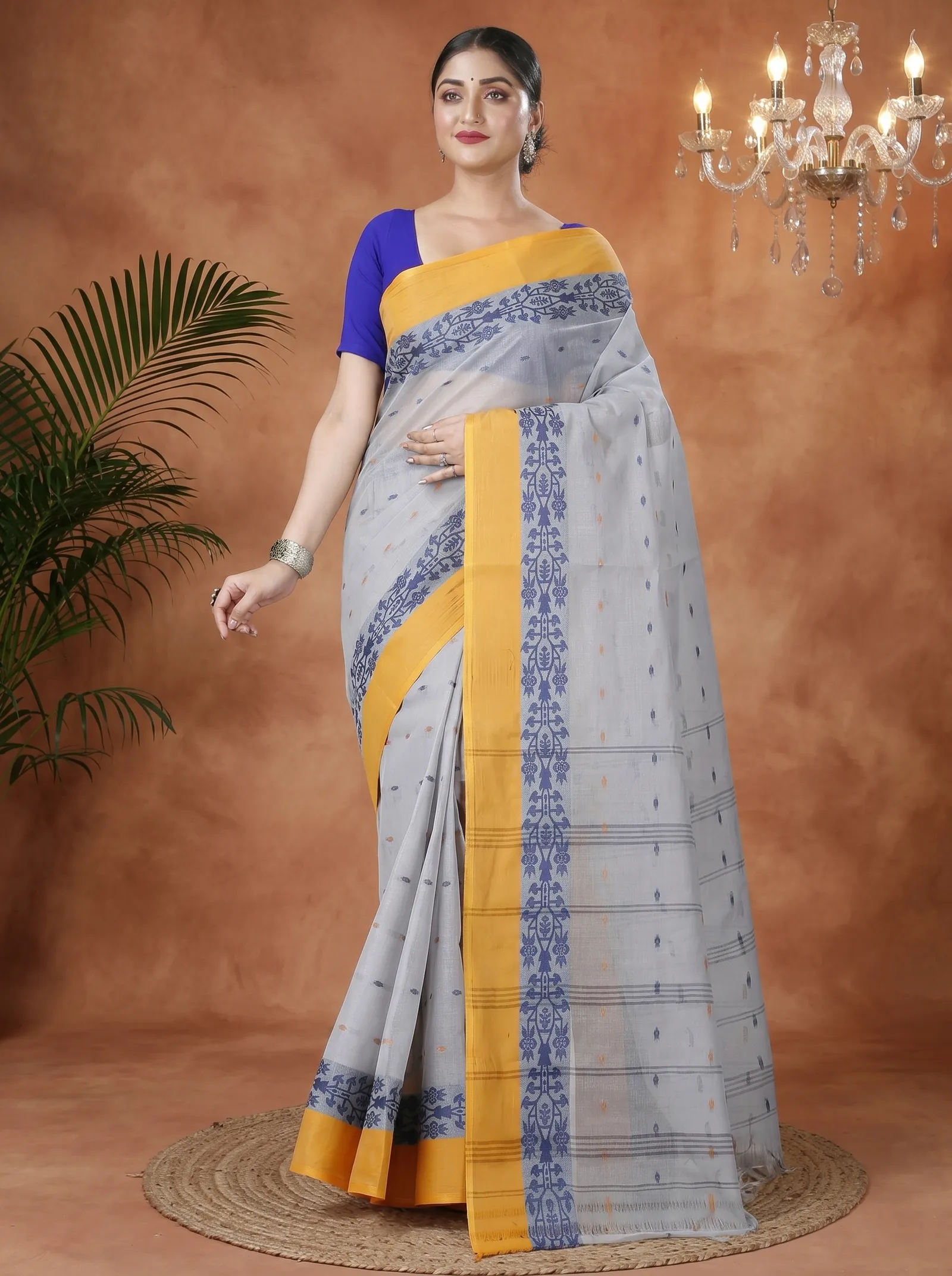 DipDiya Pure Cotton  Artisan Crafted Grey Traditional Bengali Apurva Tant Saree