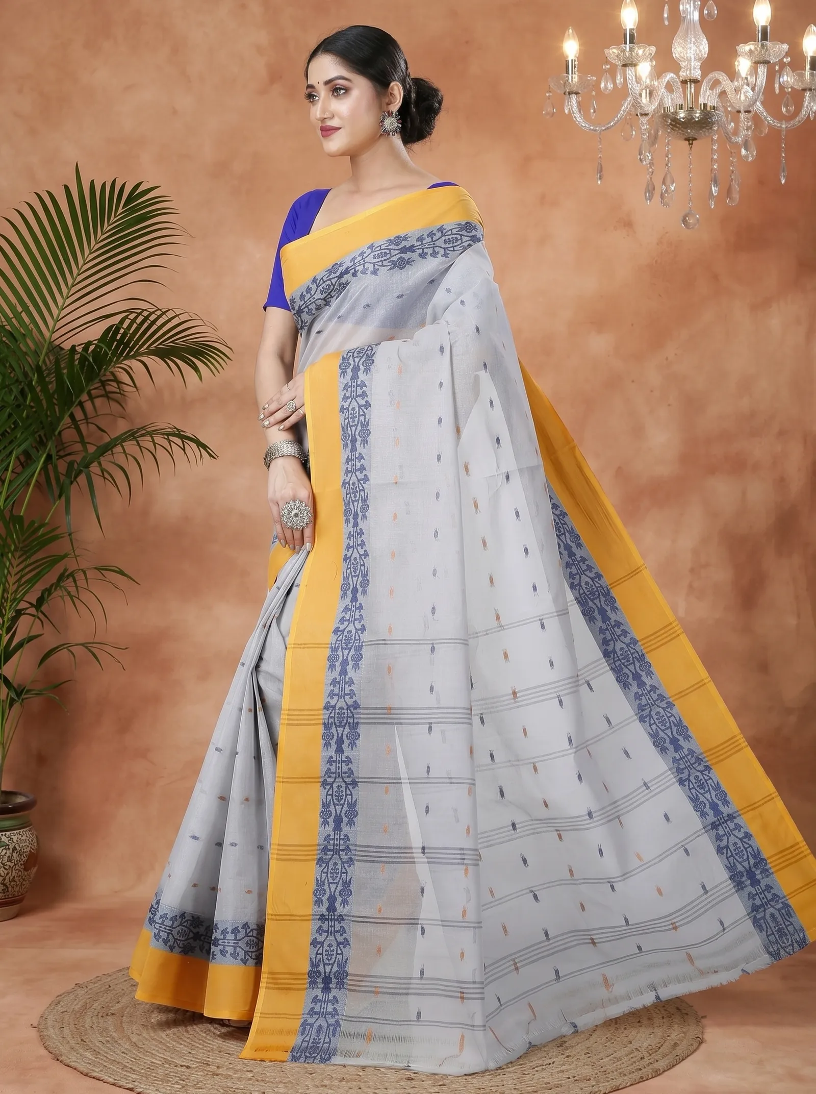 DipDiya Pure Cotton  Artisan Crafted Grey Traditional Bengali Apurva Tant Saree