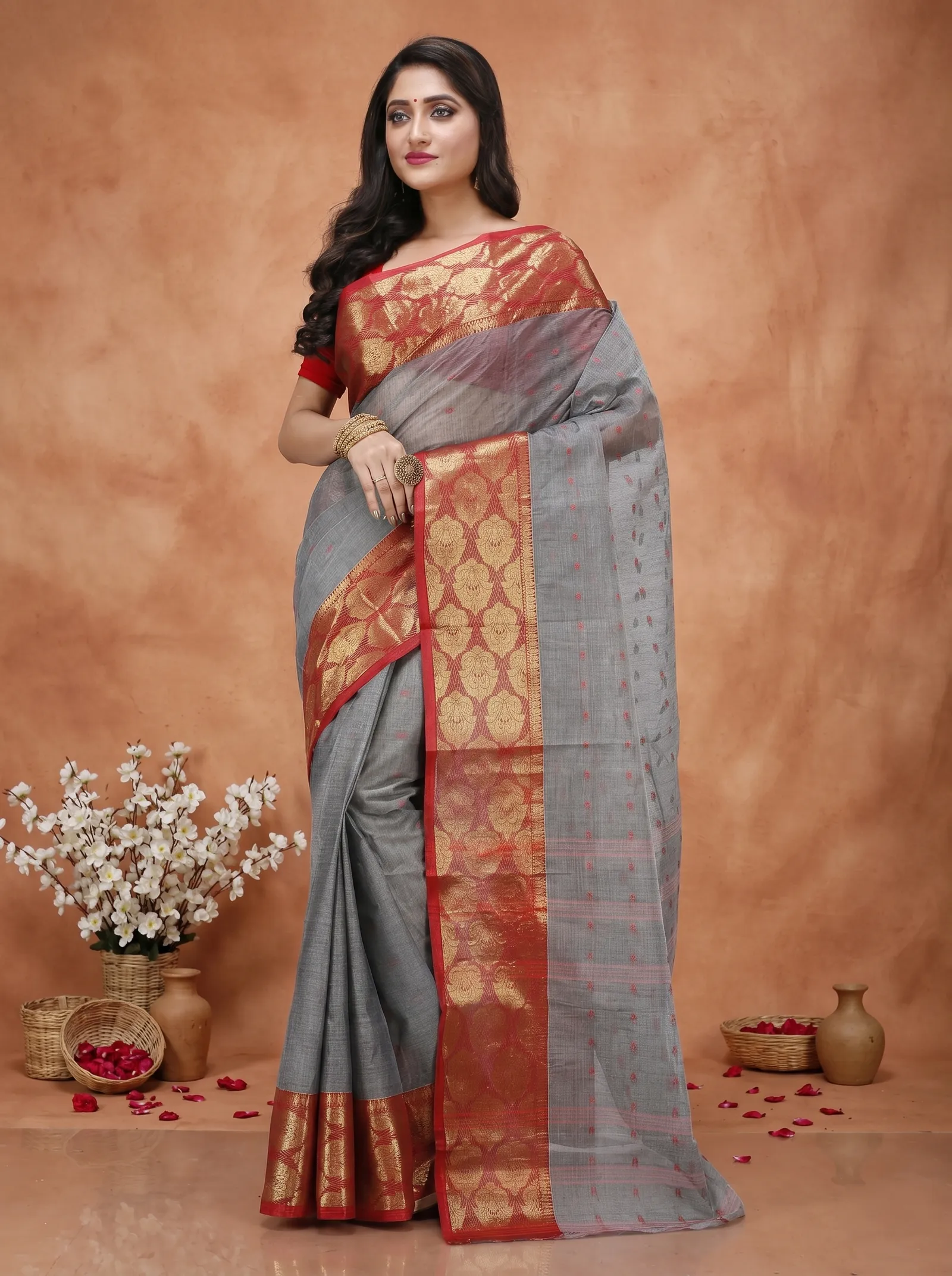 DipDiya Pure Cotton  Artisan Crafted Grey Traditional Bengali Asmani Tant Saree