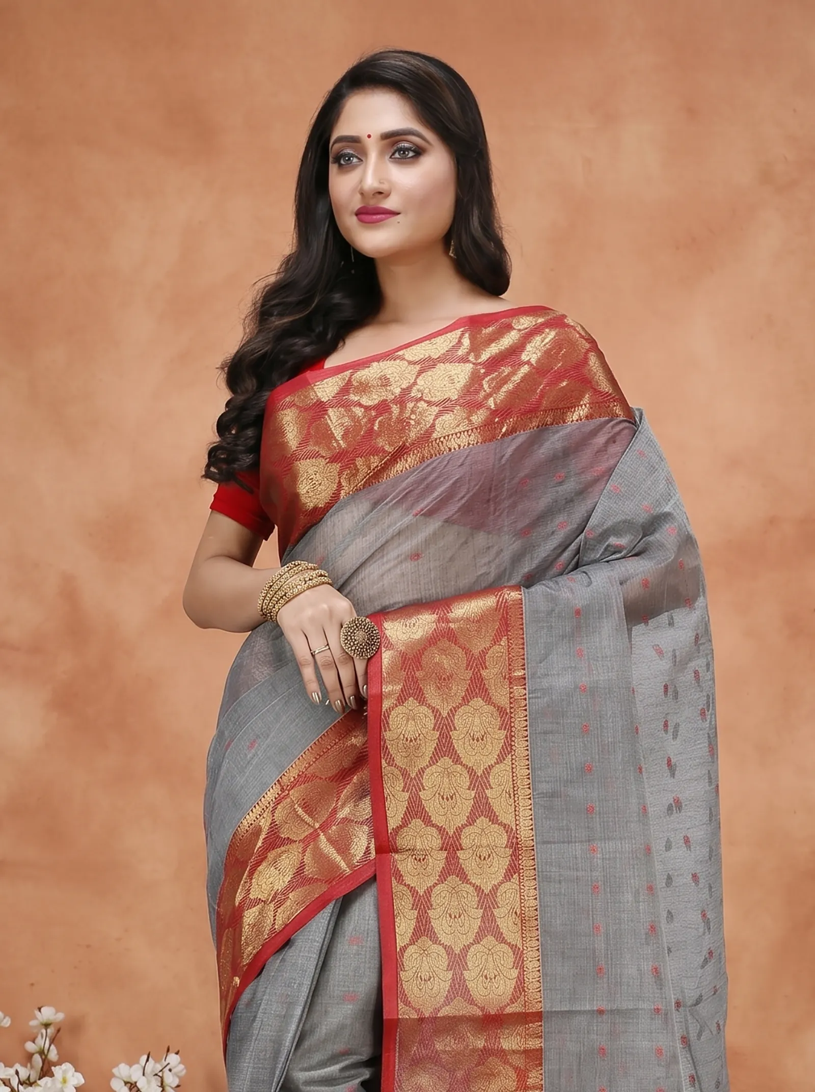 DipDiya Pure Cotton  Artisan Crafted Grey Traditional Bengali Asmani Tant Saree