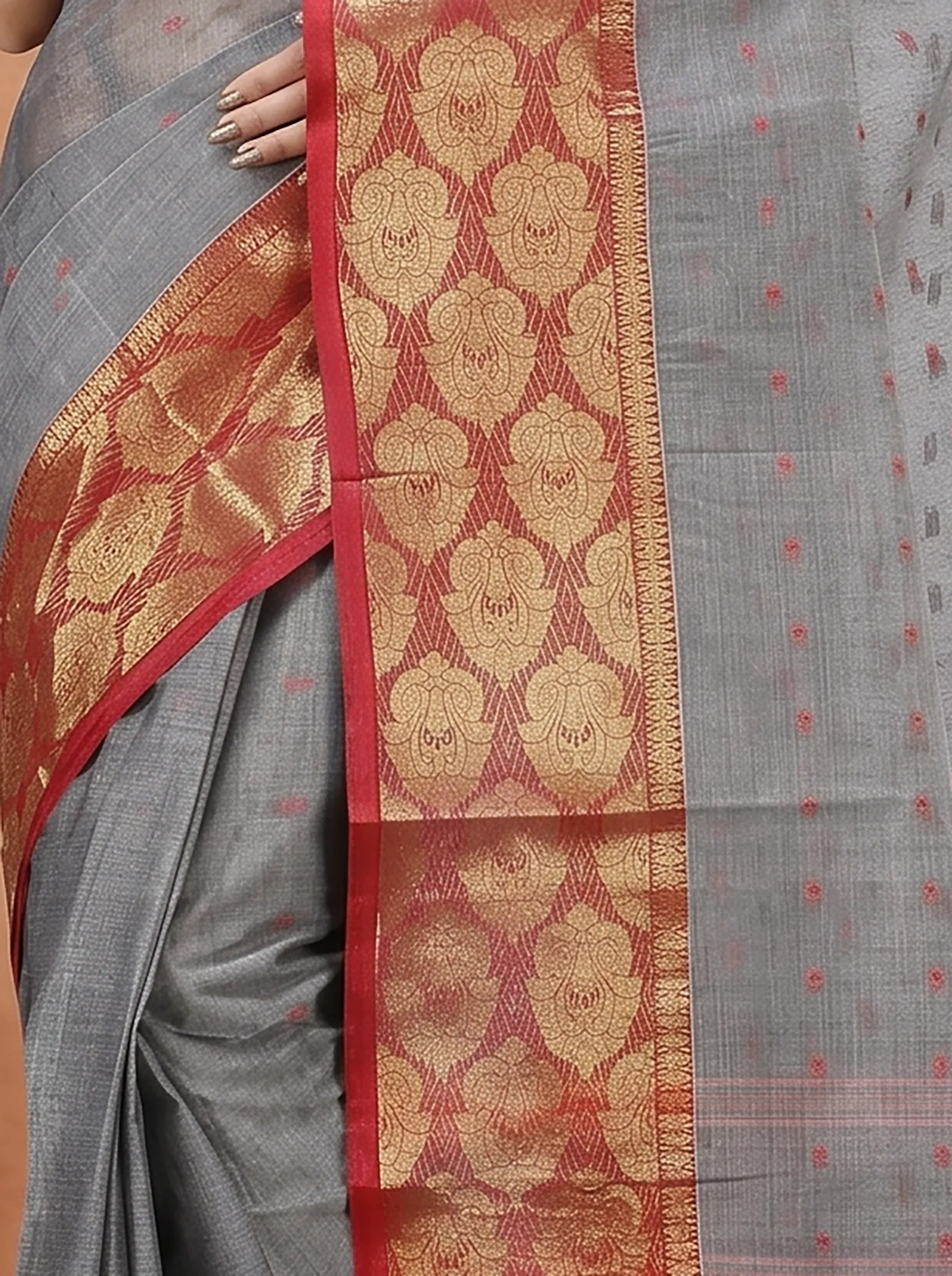 DipDiya Pure Cotton  Artisan Crafted Grey Traditional Bengali Asmani Tant Saree