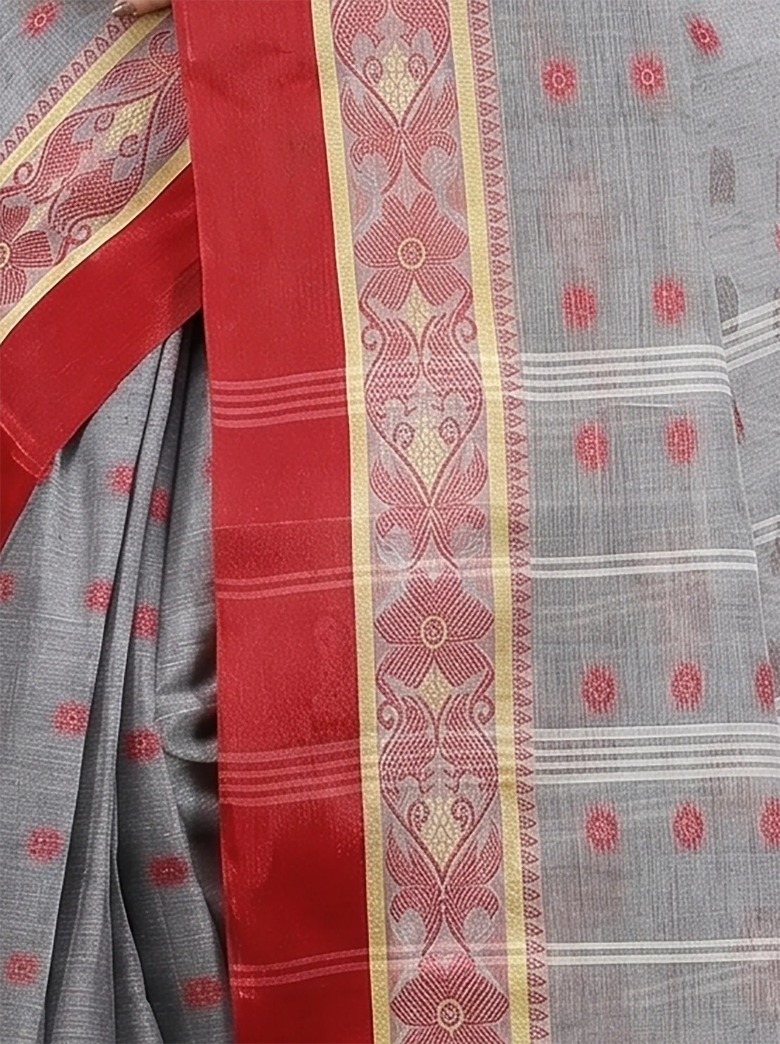 DipDiya Pure Cotton  Artisan Crafted Grey Traditional Bengali BolLata Tant Tant Saree