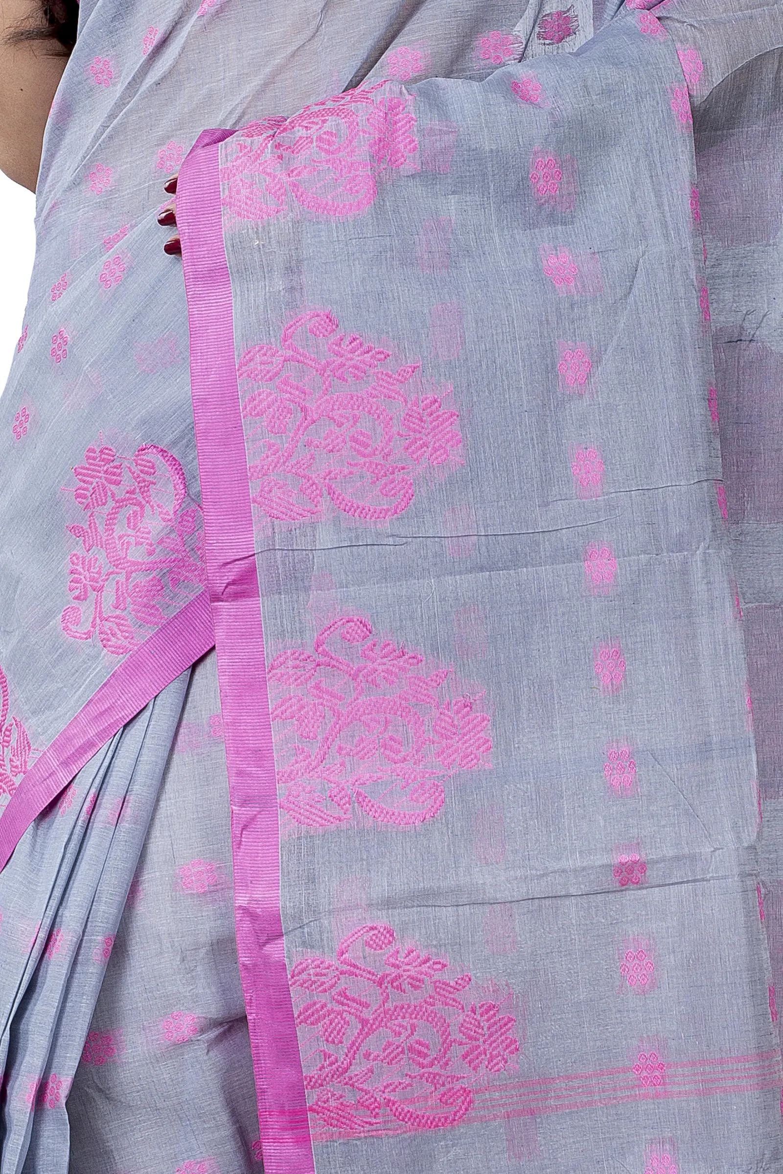 DipDiya Pure Cotton  Artisan Crafted Grey Traditional Bengali Botgach Tant Saree