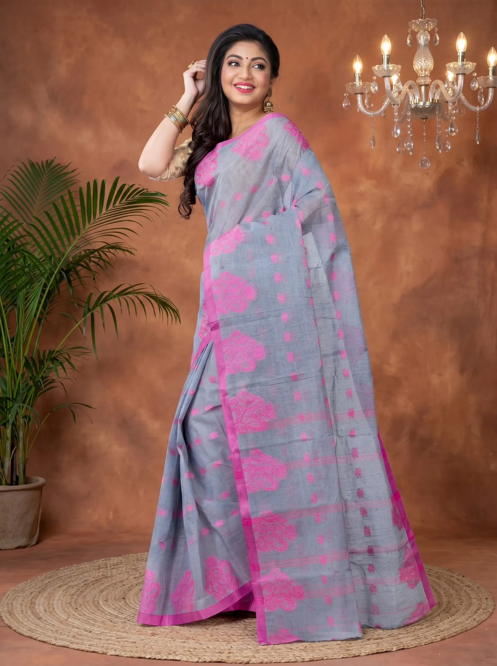 DipDiya Pure Cotton  Artisan Crafted Grey Traditional Bengali Botgach Tant Saree