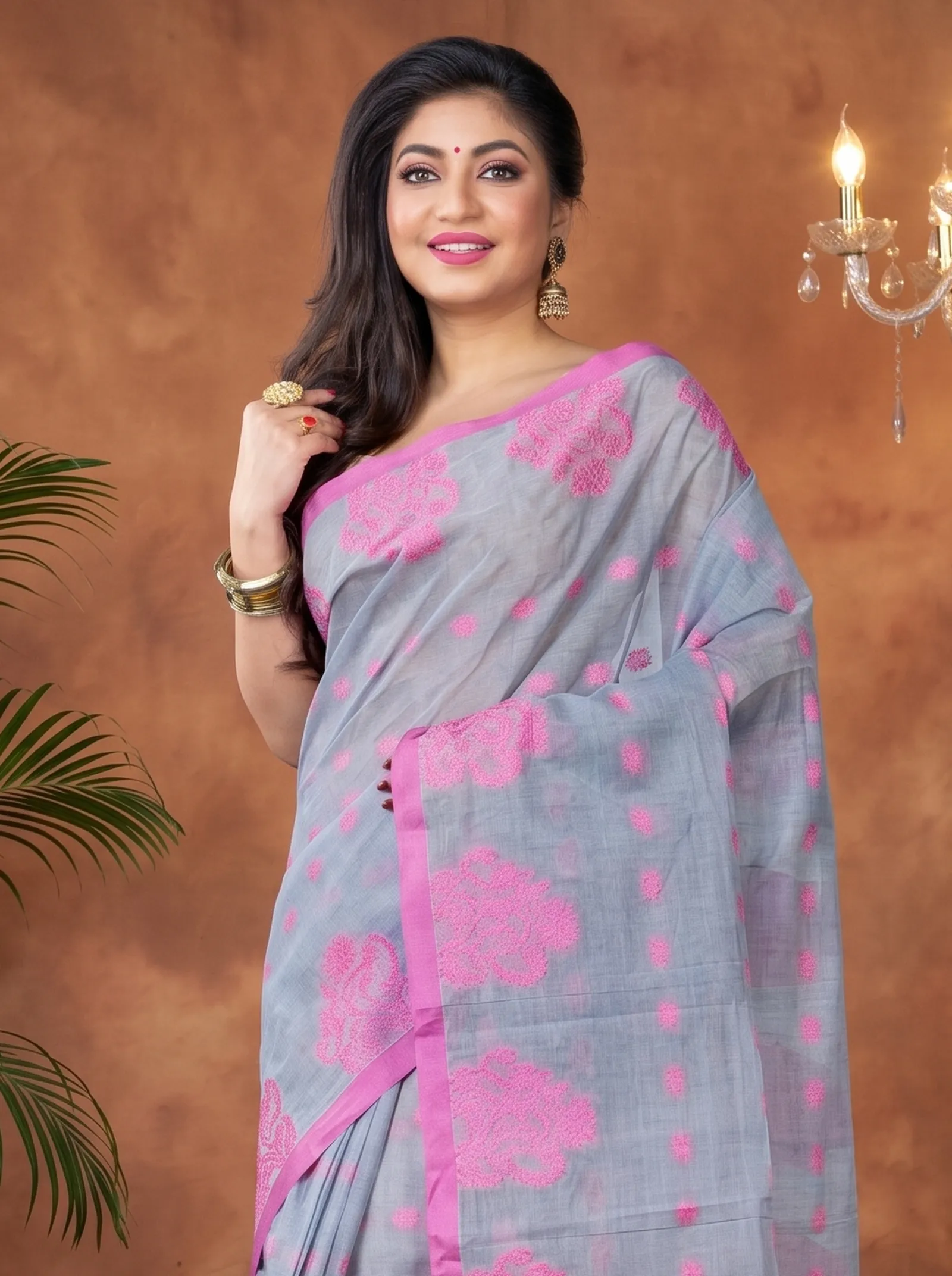 DipDiya Pure Cotton  Artisan Crafted Grey Traditional Bengali Botgach Tant Saree