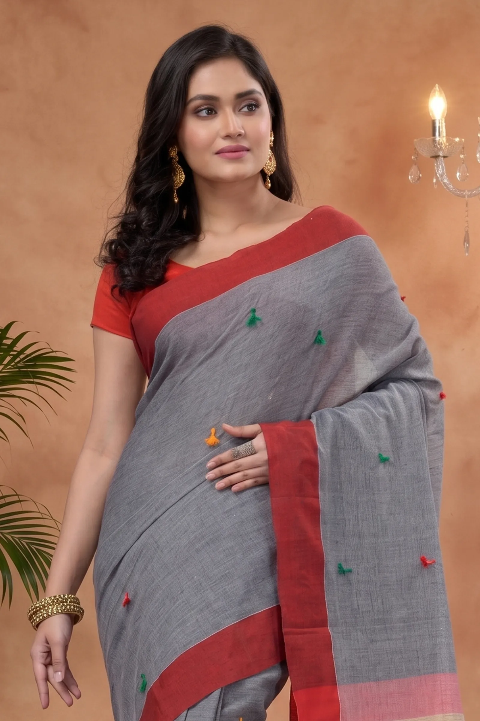 DipDiya Pure Cotton  Artisan Crafted Grey Traditional Bengali Clacial Desigined Handloom Saree