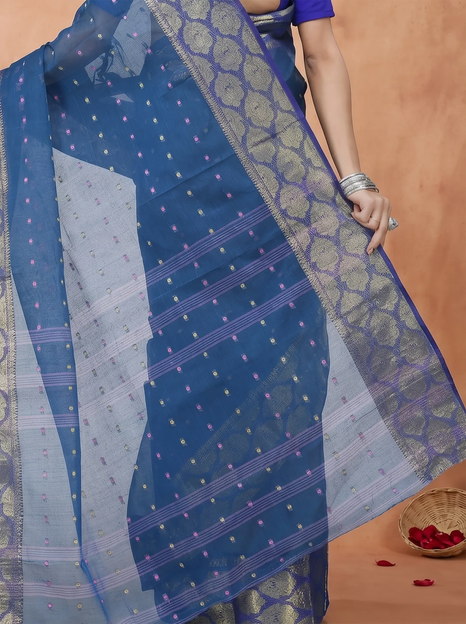 DipDiya Pure Cotton  Artisan Crafted Night Blue Traditional Bengali Asmani Tant Saree