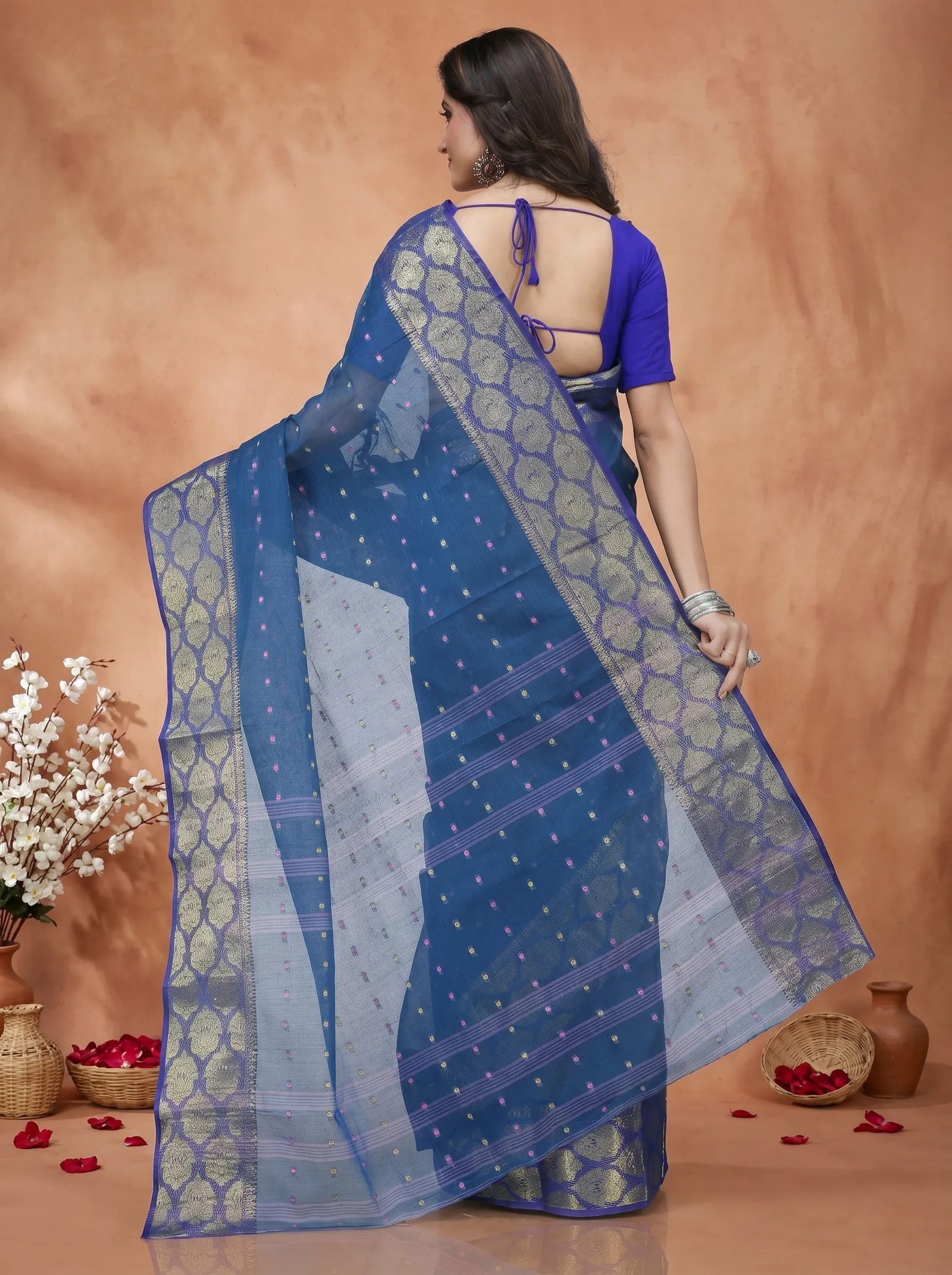 DipDiya Pure Cotton  Artisan Crafted Night Blue Traditional Bengali Asmani Tant Saree