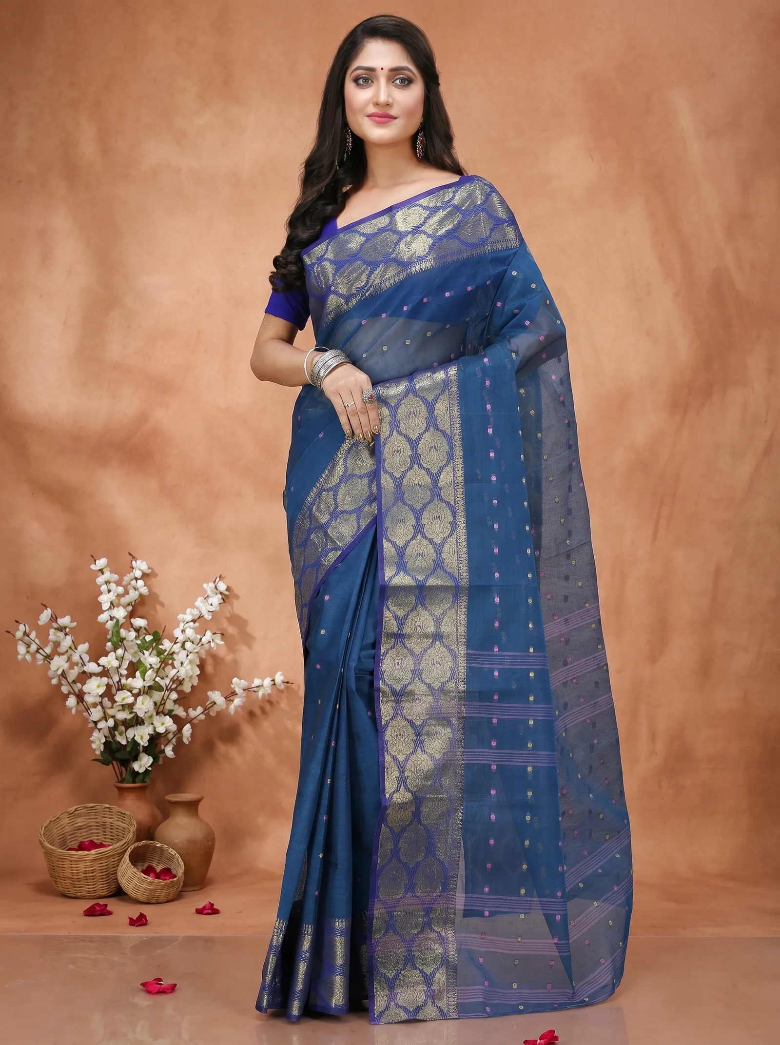 DipDiya Pure Cotton  Artisan Crafted Night Blue Traditional Bengali Asmani Tant Saree