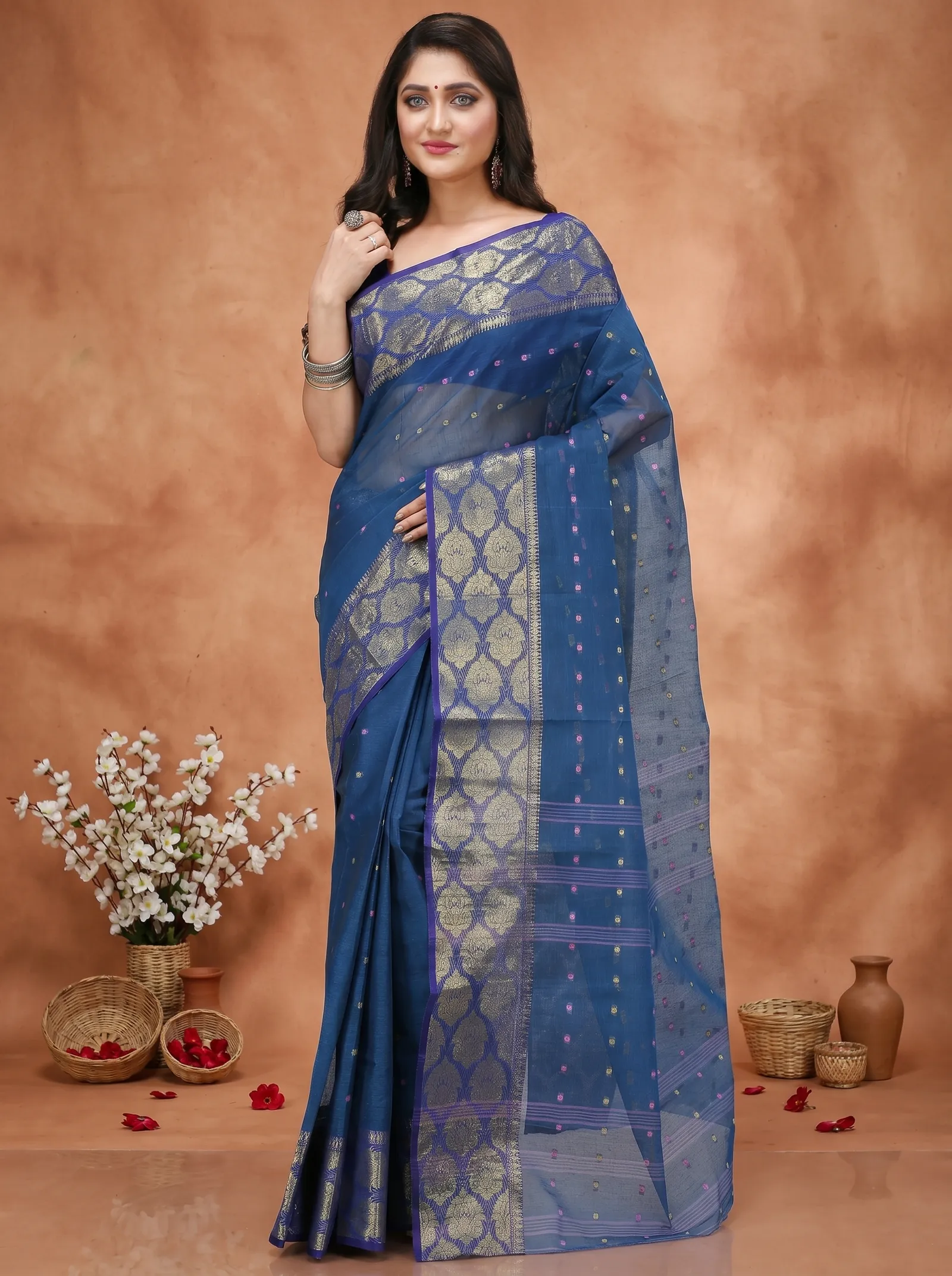 DipDiya Pure Cotton  Artisan Crafted Night Blue Traditional Bengali Asmani Tant Saree