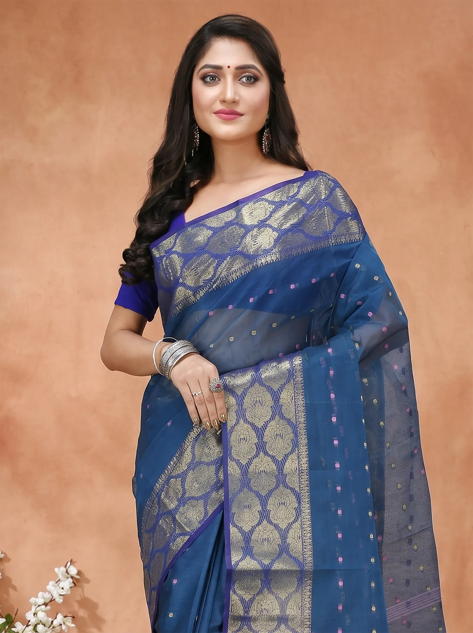 DipDiya Pure Cotton  Artisan Crafted Night Blue Traditional Bengali Asmani Tant Saree