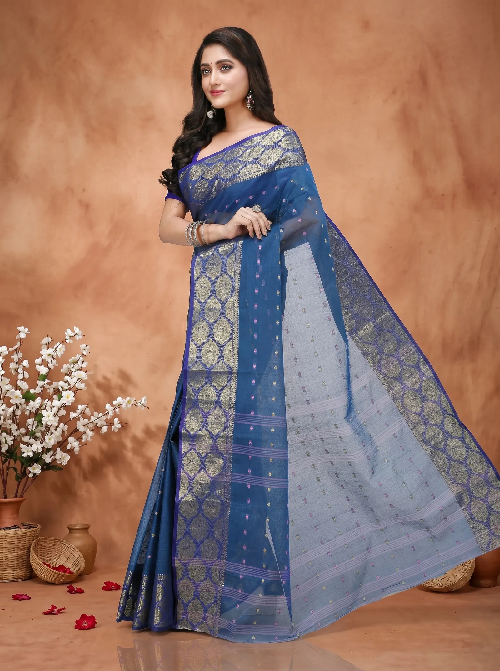 DipDiya Pure Cotton  Artisan Crafted Night Blue Traditional Bengali Asmani Tant Saree