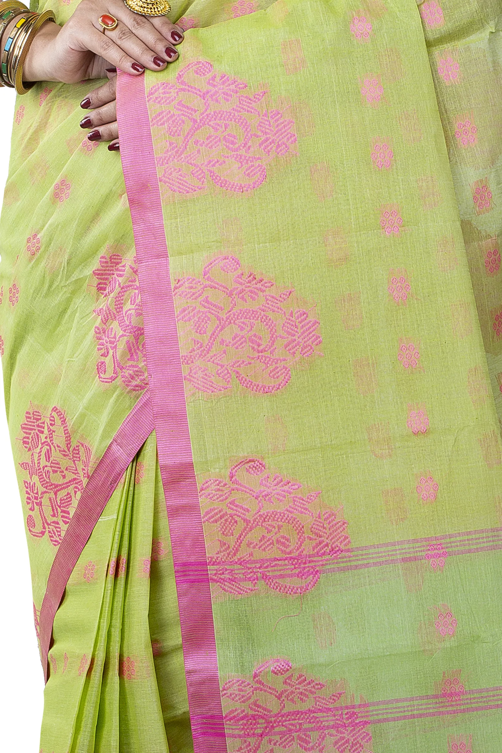 DipDiya Pure Cotton  Artisan Crafted Olive Green Traditional Bengali Botgach Tant Saree