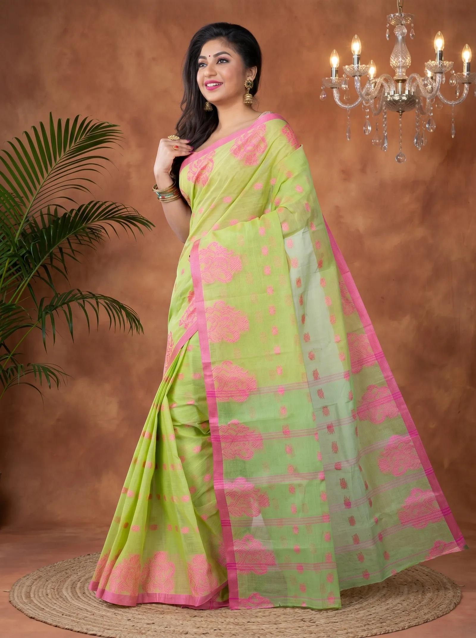 DipDiya Pure Cotton  Artisan Crafted Olive Green Traditional Bengali Botgach Tant Saree