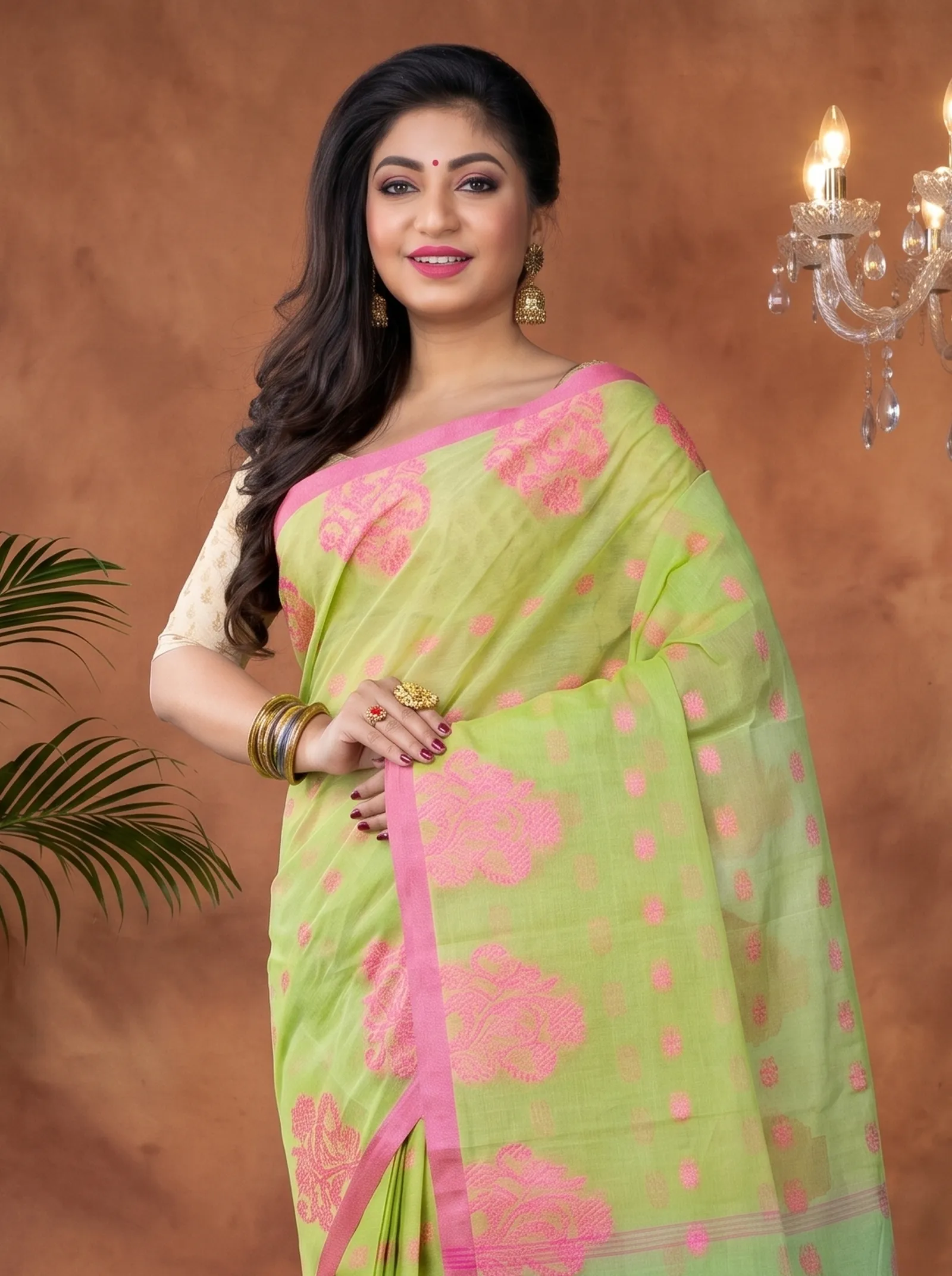 DipDiya Pure Cotton  Artisan Crafted Olive Green Traditional Bengali Botgach Tant Saree