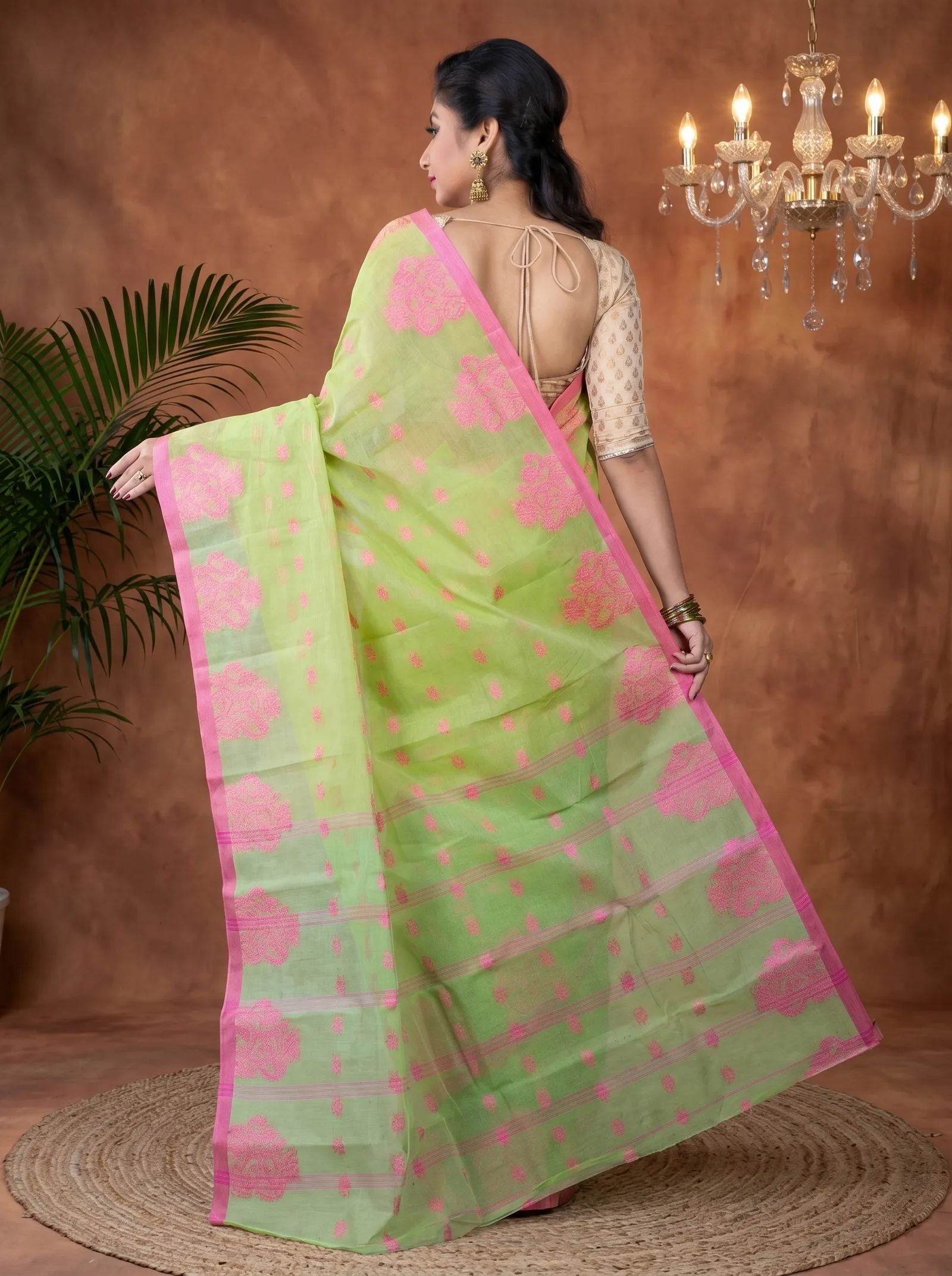 DipDiya Pure Cotton  Artisan Crafted Olive Green Traditional Bengali Botgach Tant Saree