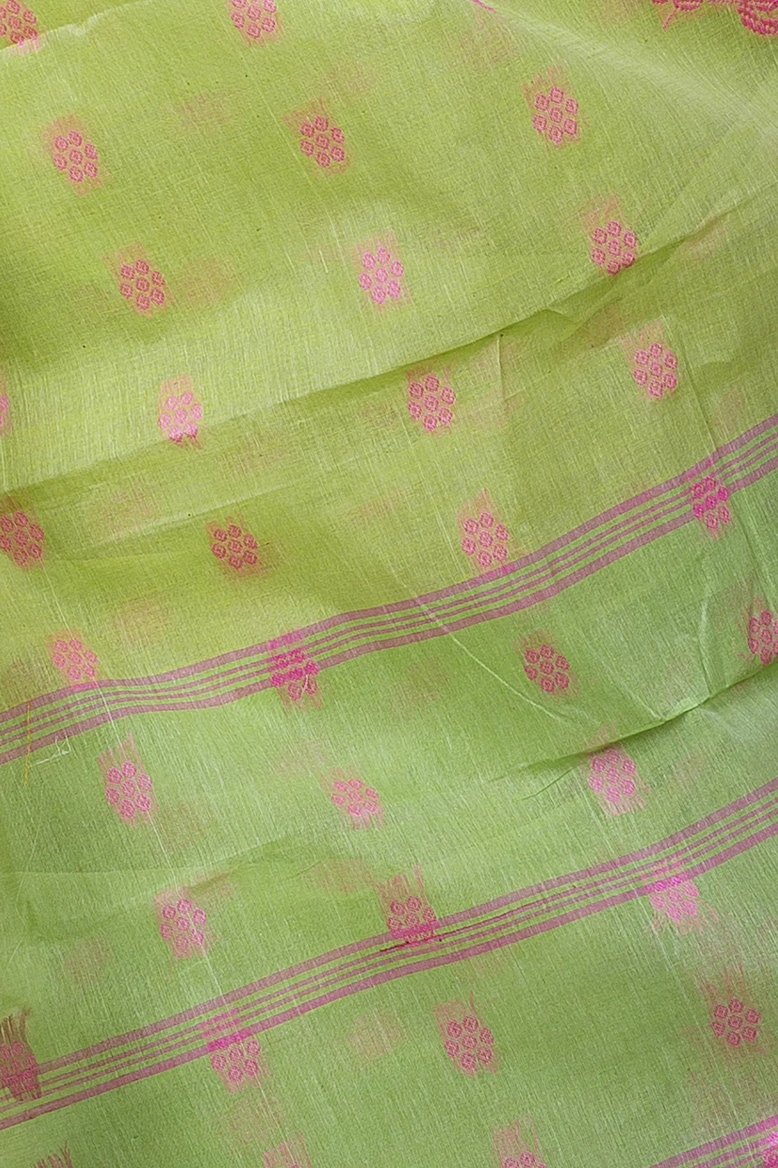 DipDiya Pure Cotton  Artisan Crafted Olive Green Traditional Bengali Botgach Tant Saree