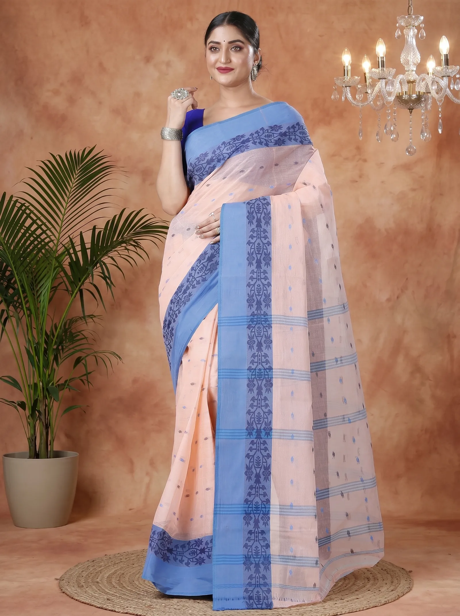 DipDiya Pure Cotton  Artisan Crafted Peach Traditional Bengali Apurva Tant Saree