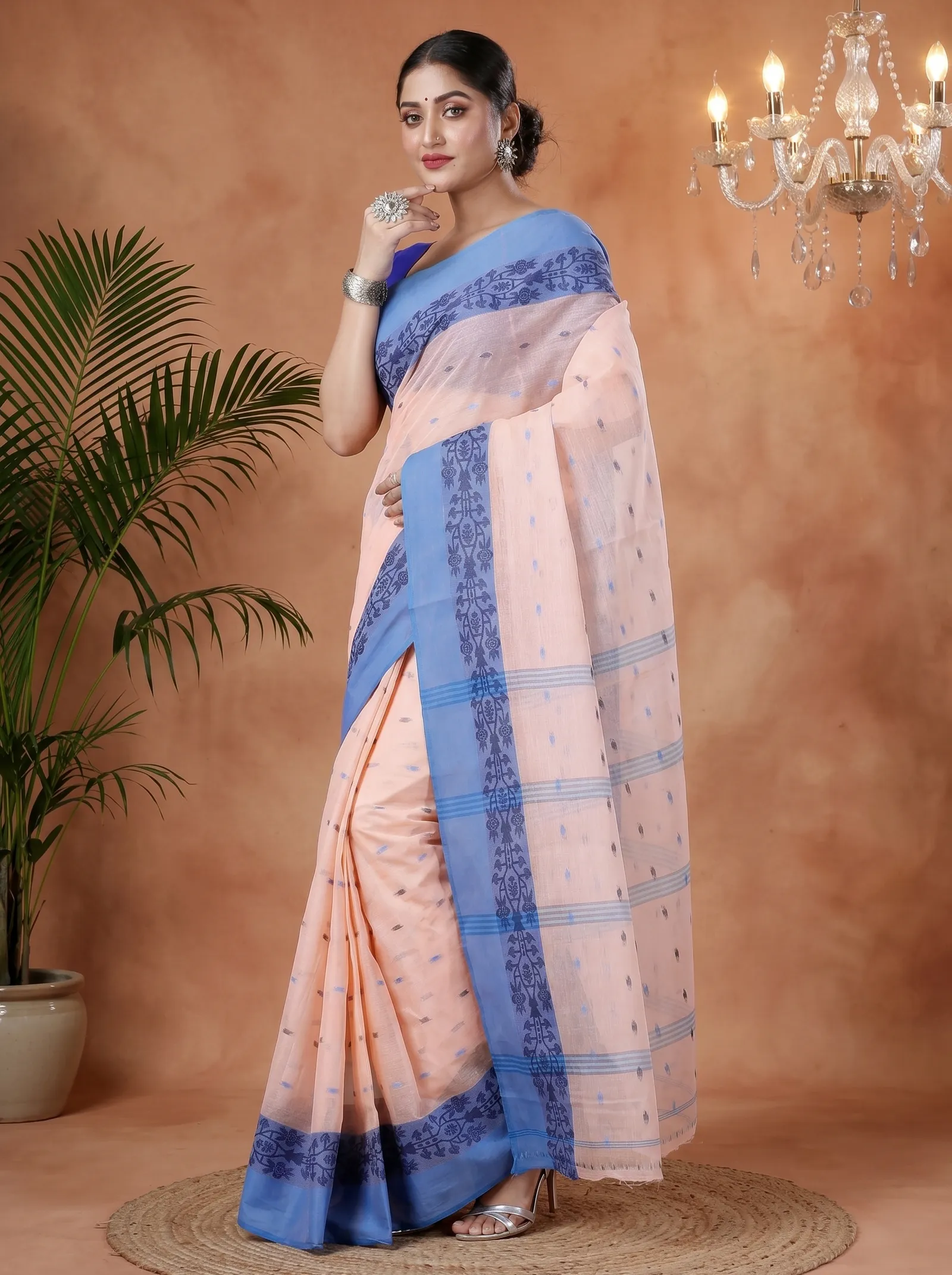 DipDiya Pure Cotton  Artisan Crafted Peach Traditional Bengali Apurva Tant Saree
