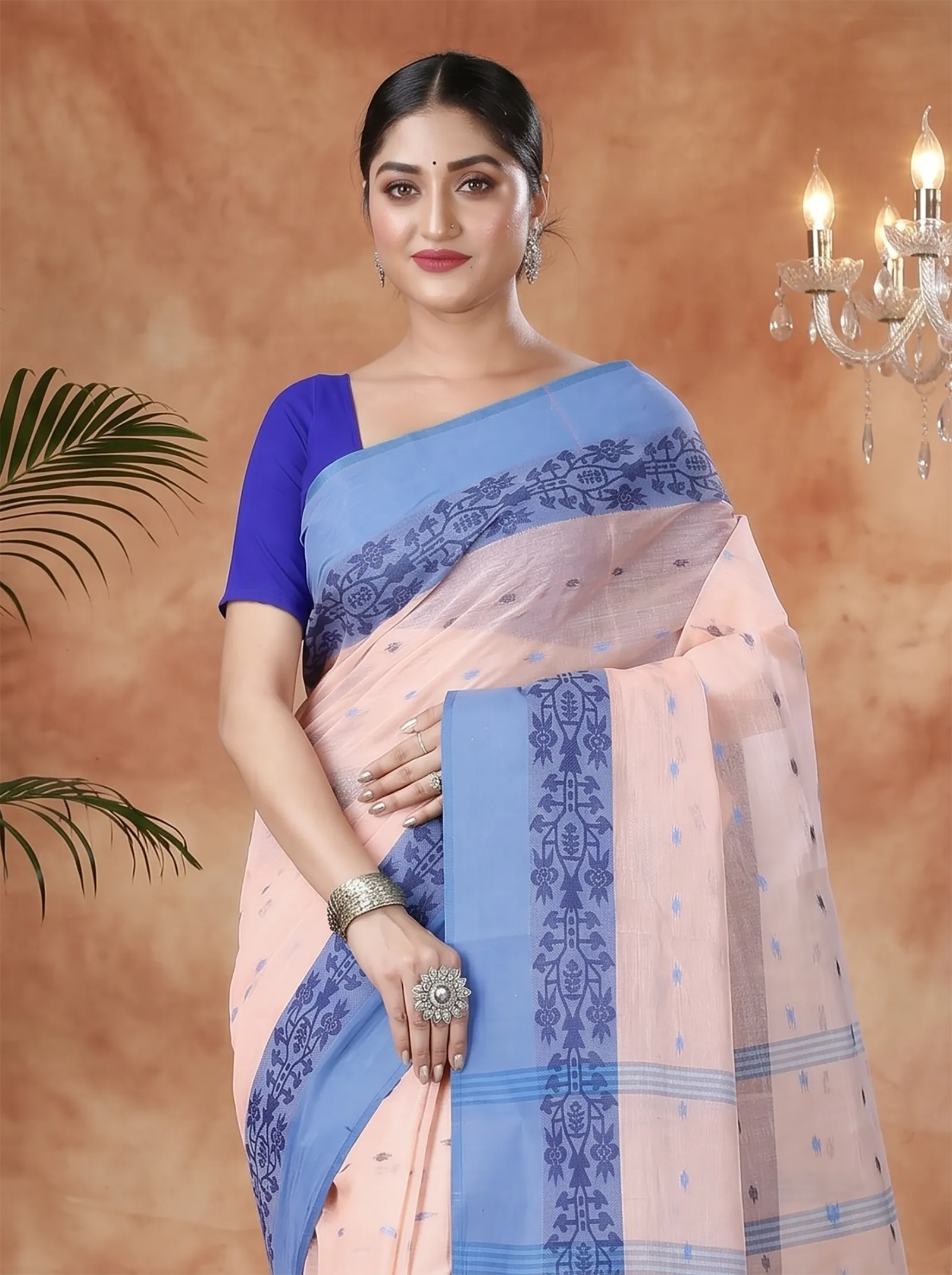 DipDiya Pure Cotton  Artisan Crafted Peach Traditional Bengali Apurva Tant Saree