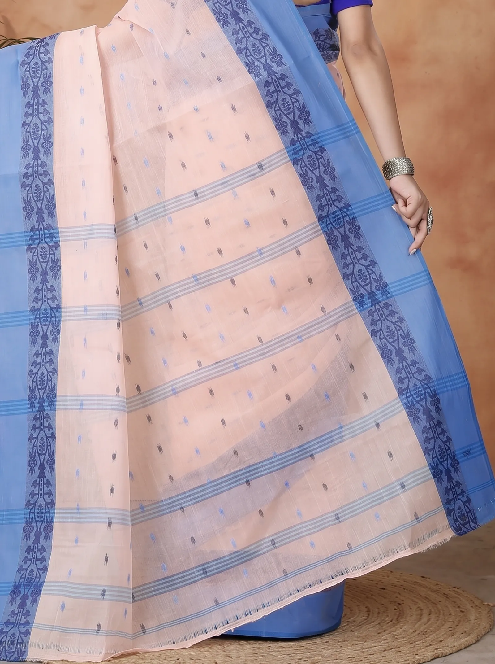 DipDiya Pure Cotton  Artisan Crafted Peach Traditional Bengali Apurva Tant Saree