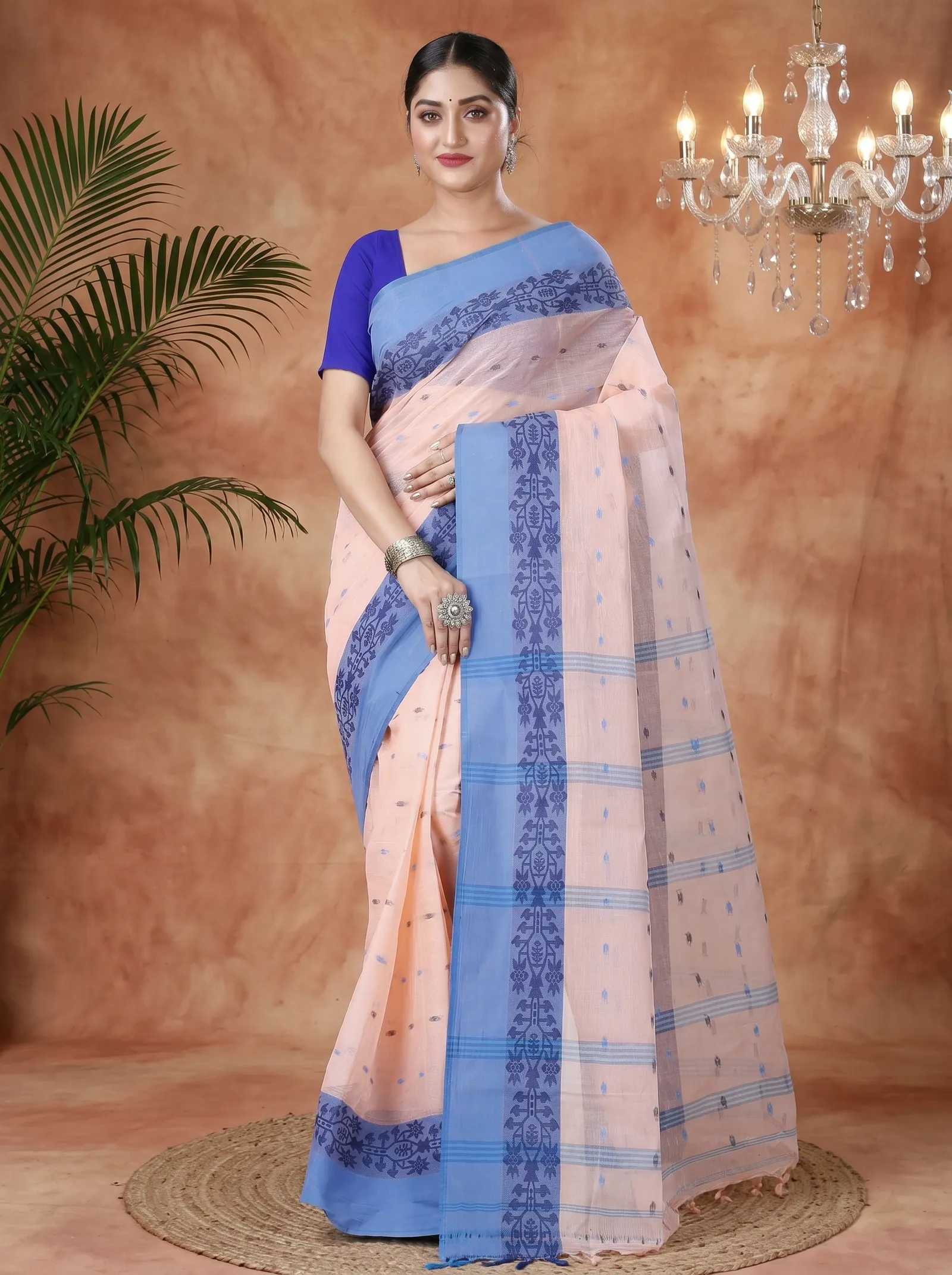 DipDiya Pure Cotton  Artisan Crafted Peach Traditional Bengali Apurva Tant Saree