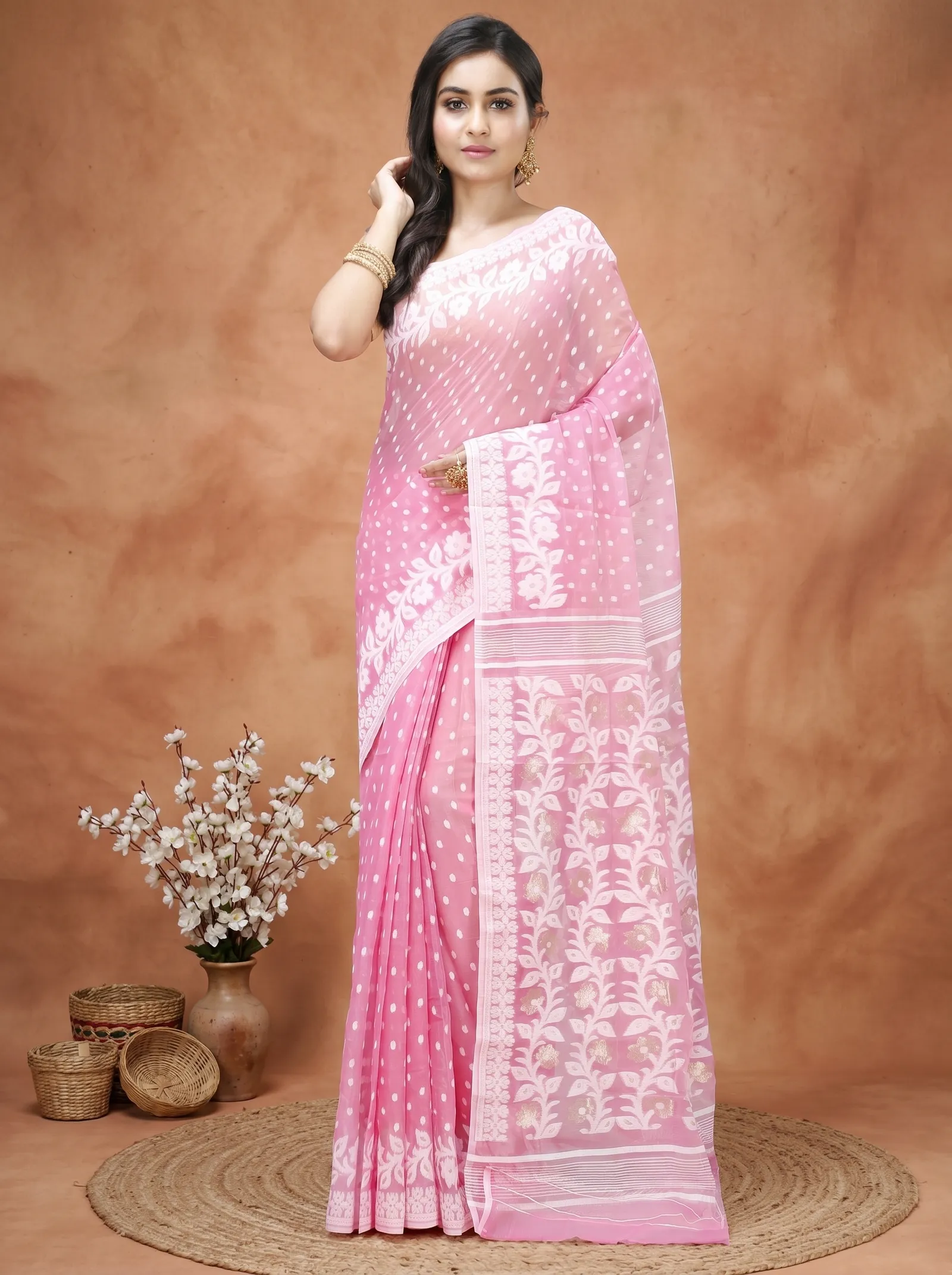 DipDiya Pure Cotton  Artisan Crafted Pink Traditional Bengali Boll Jamdani Jamdani Saree