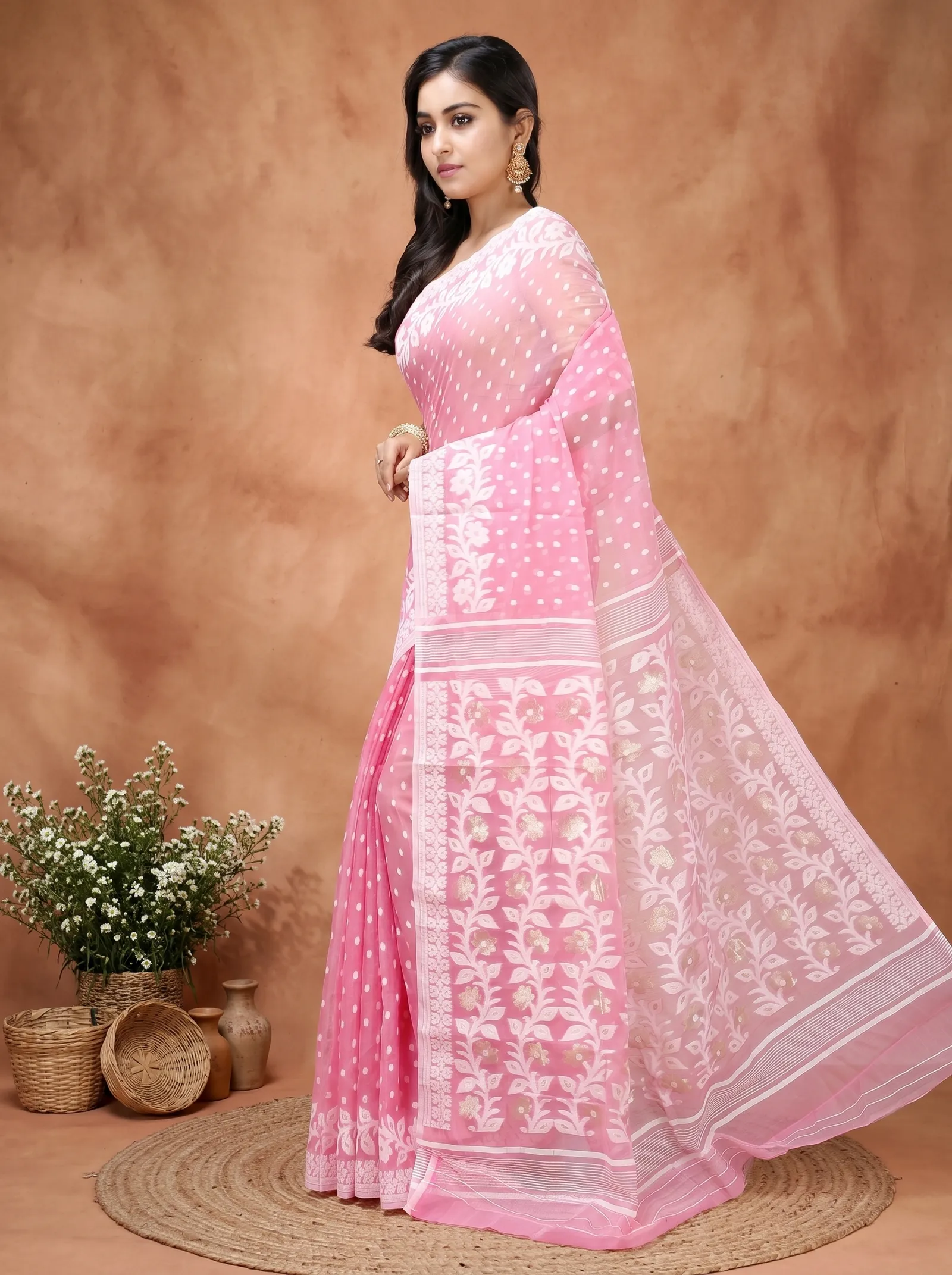 DipDiya Pure Cotton  Artisan Crafted Pink Traditional Bengali Boll Jamdani Jamdani Saree