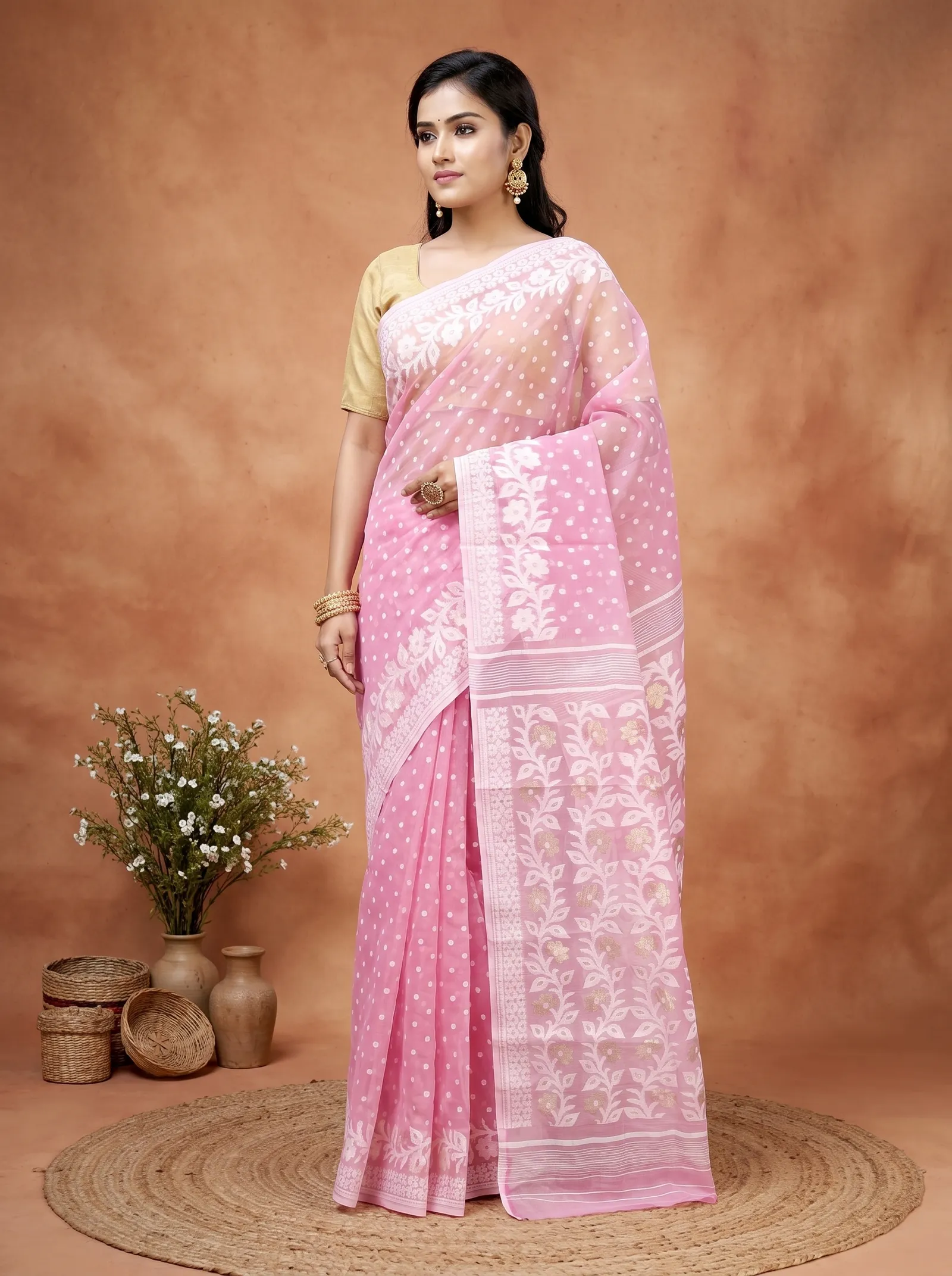 DipDiya Pure Cotton  Artisan Crafted Pink Traditional Bengali Boll Jamdani Jamdani Saree