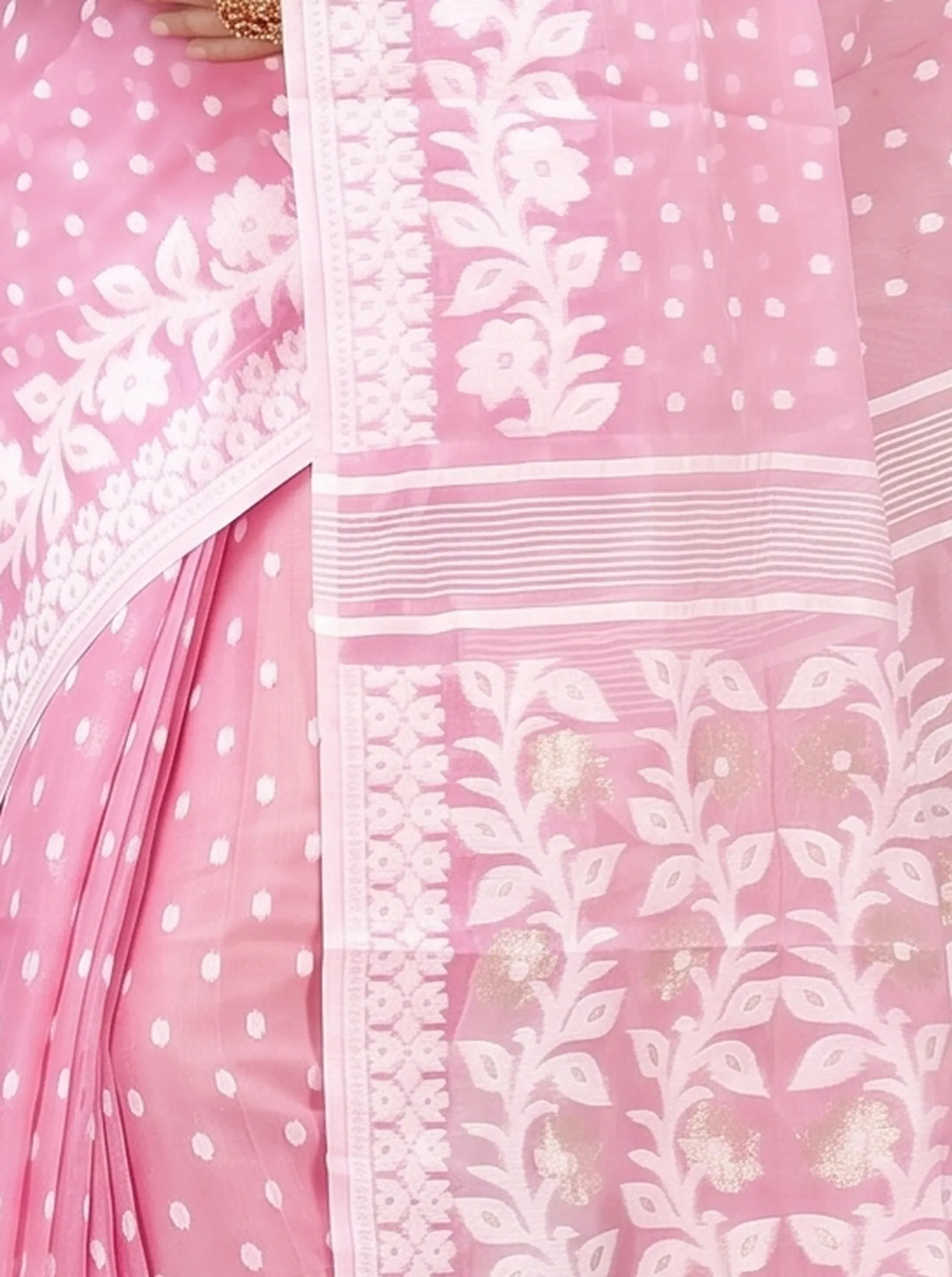 DipDiya Pure Cotton  Artisan Crafted Pink Traditional Bengali Boll Jamdani Jamdani Saree