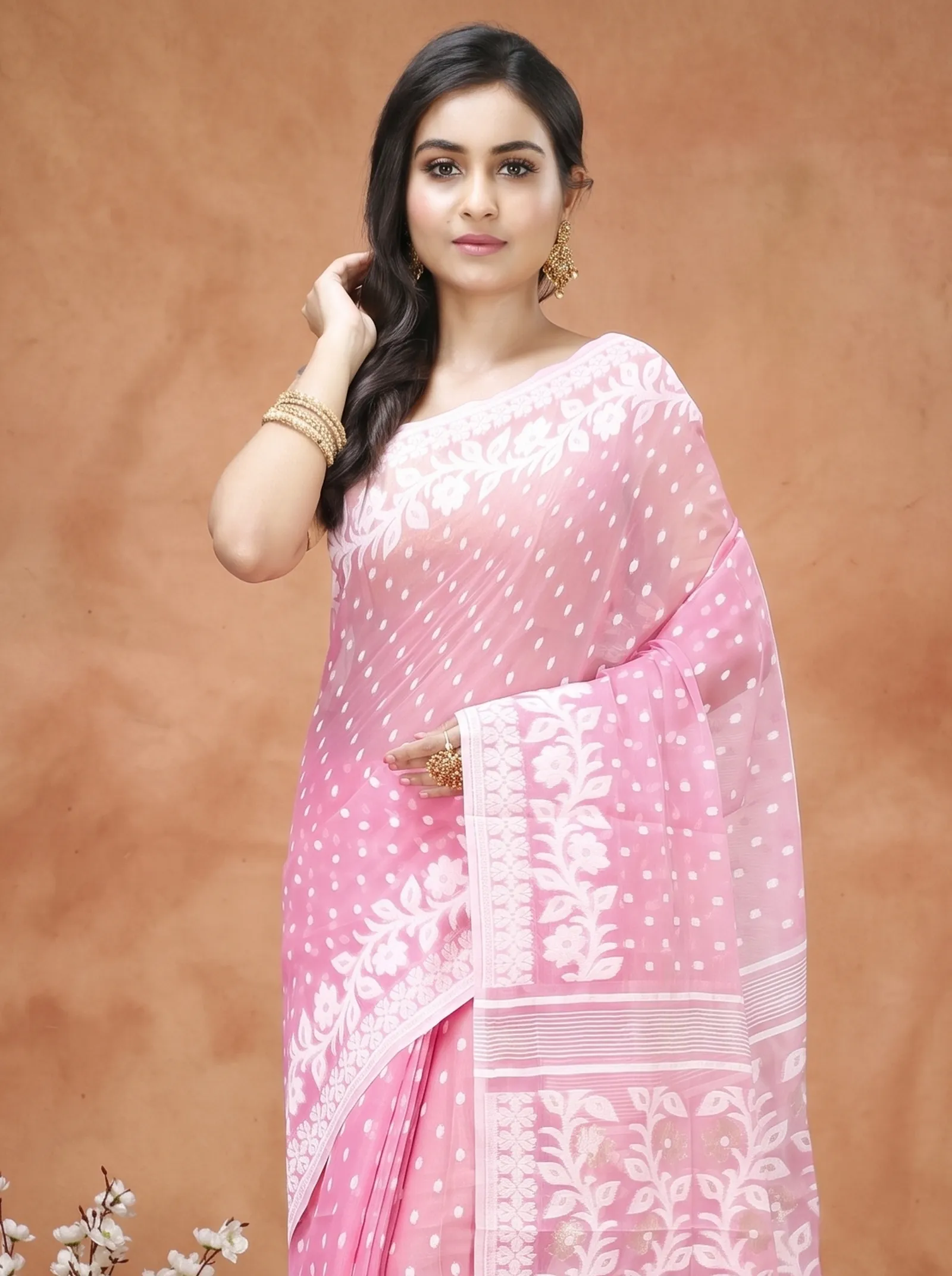 DipDiya Pure Cotton  Artisan Crafted Pink Traditional Bengali Boll Jamdani Jamdani Saree