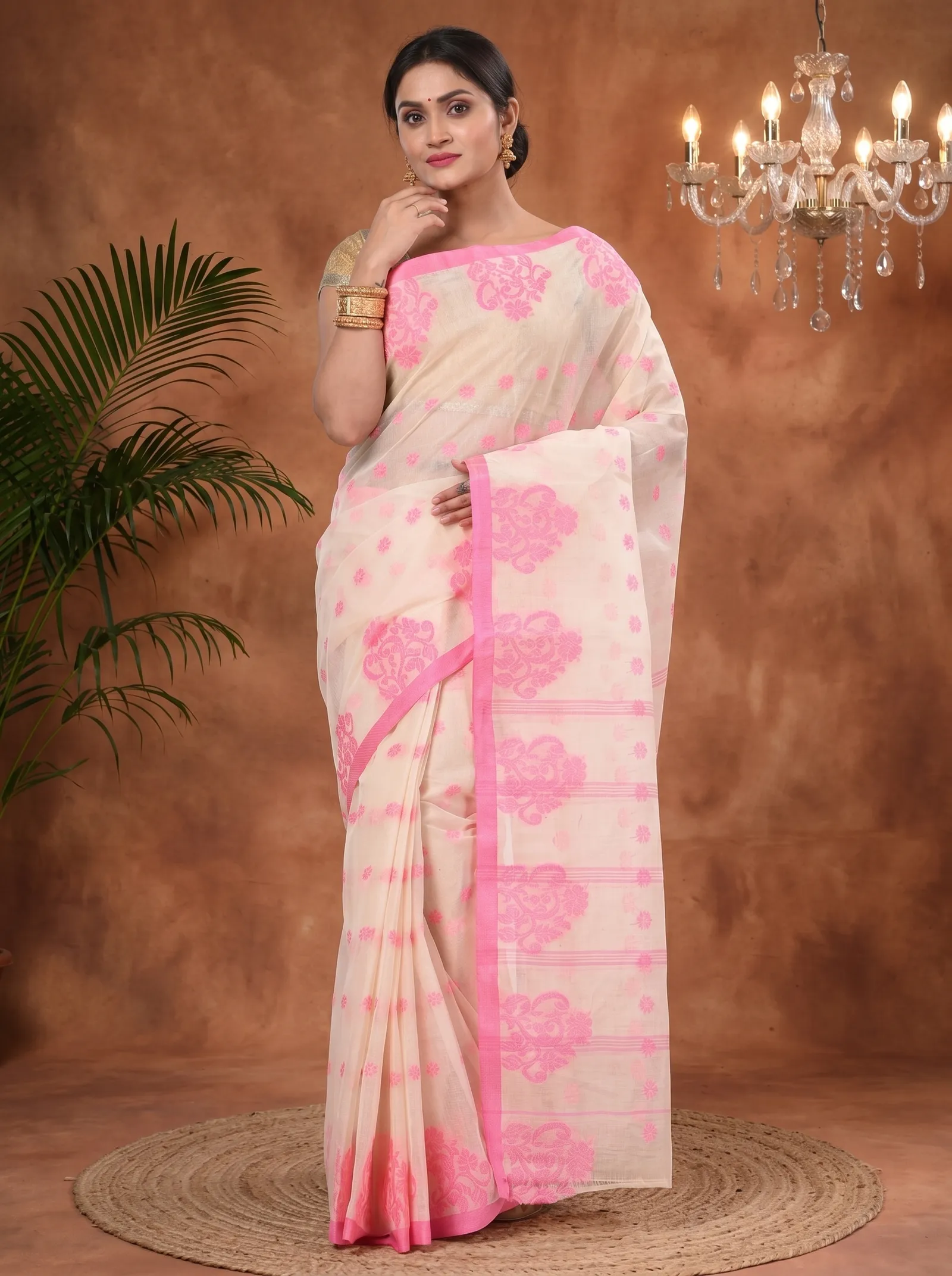 DipDiya Pure Cotton  Artisan Crafted Pink Traditional Bengali Botgach Tant Saree