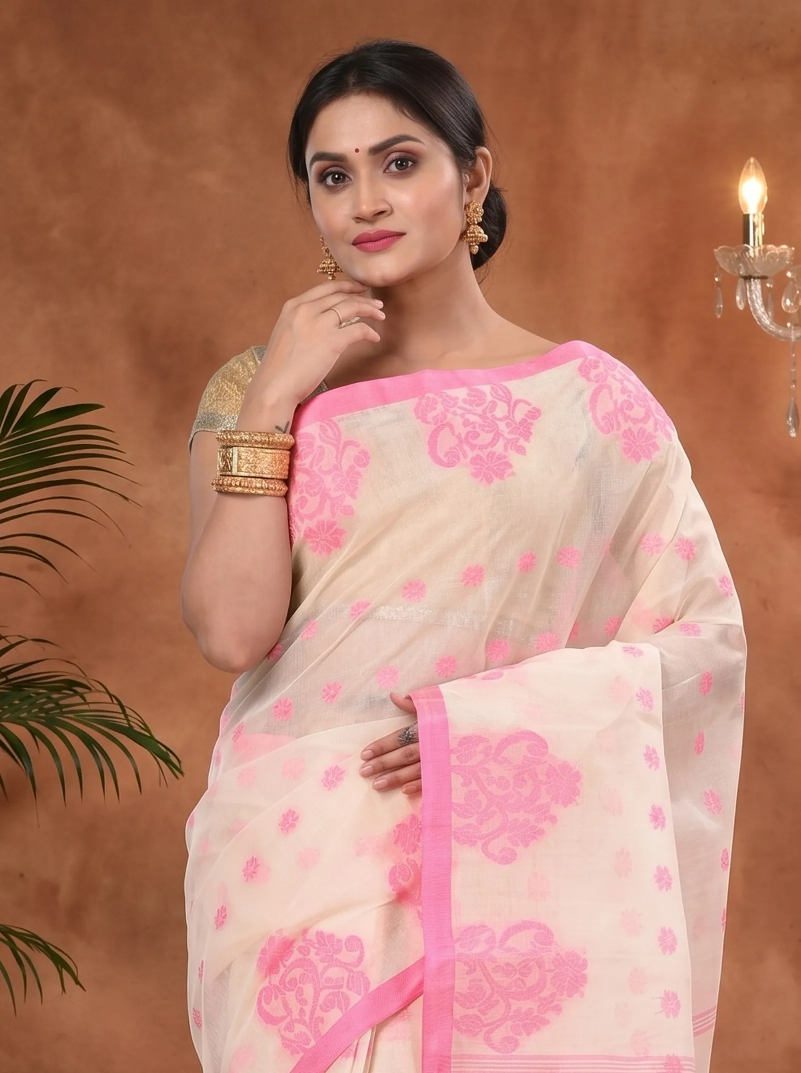 DipDiya Pure Cotton  Artisan Crafted Pink Traditional Bengali Botgach Tant Saree