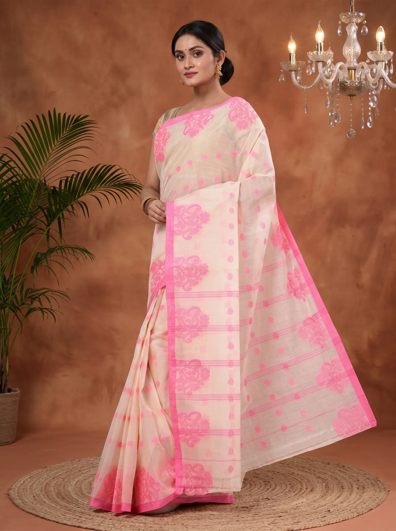 DipDiya Pure Cotton  Artisan Crafted Pink Traditional Bengali Botgach Tant Saree
