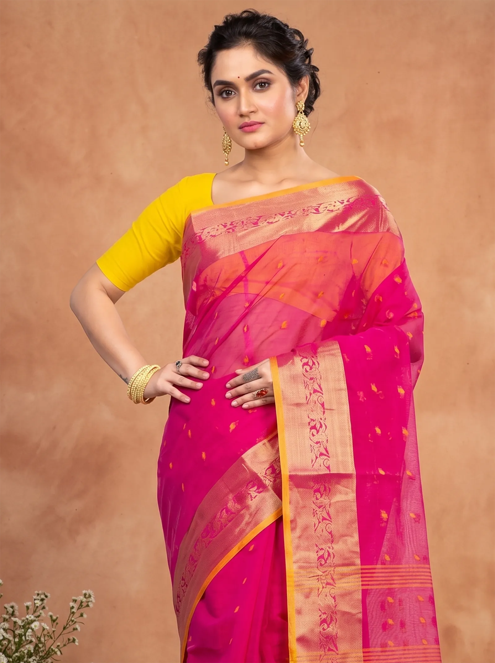 DipDiya Pure Cotton  Artisan Crafted Pink Traditional Bengali Churi Par Tant Saree