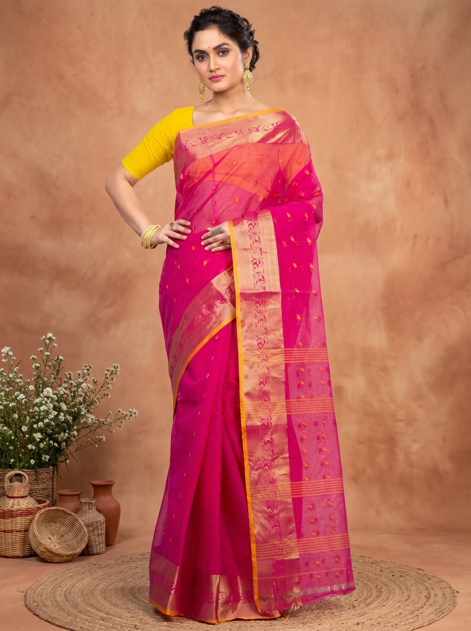 DipDiya Pure Cotton  Artisan Crafted Pink Traditional Bengali Churi Par Tant Saree